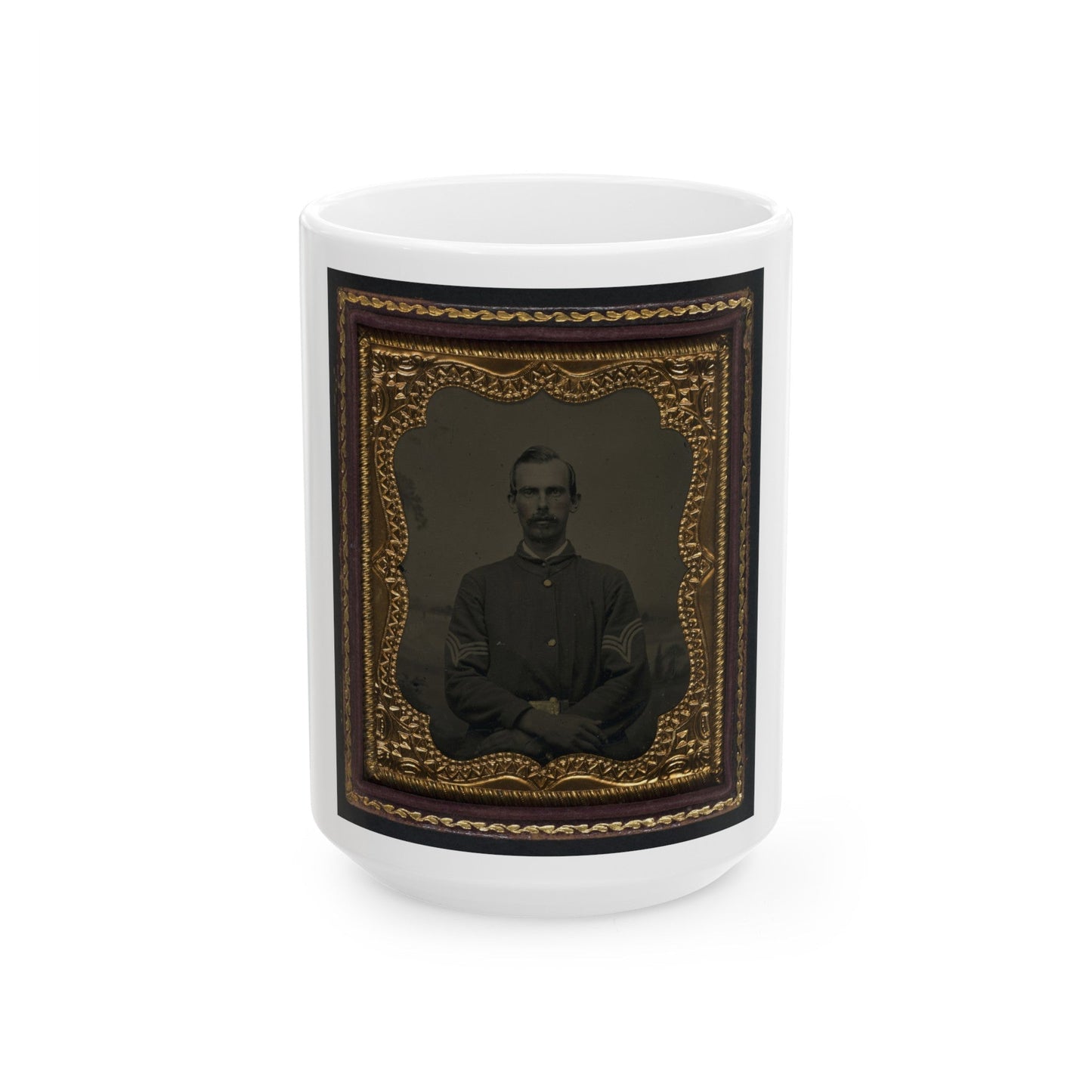 Unidentified Soldier In Union Sergeant's Uniform In Front Of Painted Backdrop Showing Landscape (U.S. Civil War) White Coffee Mug-15oz-The Sticker Space