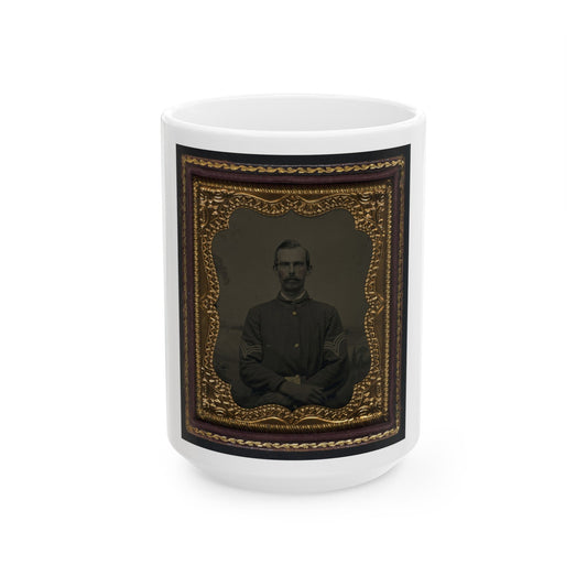 Unidentified Soldier In Union Sergeant's Uniform In Front Of Painted Backdrop Showing Landscape (U.S. Civil War) White Coffee Mug-15oz-The Sticker Space