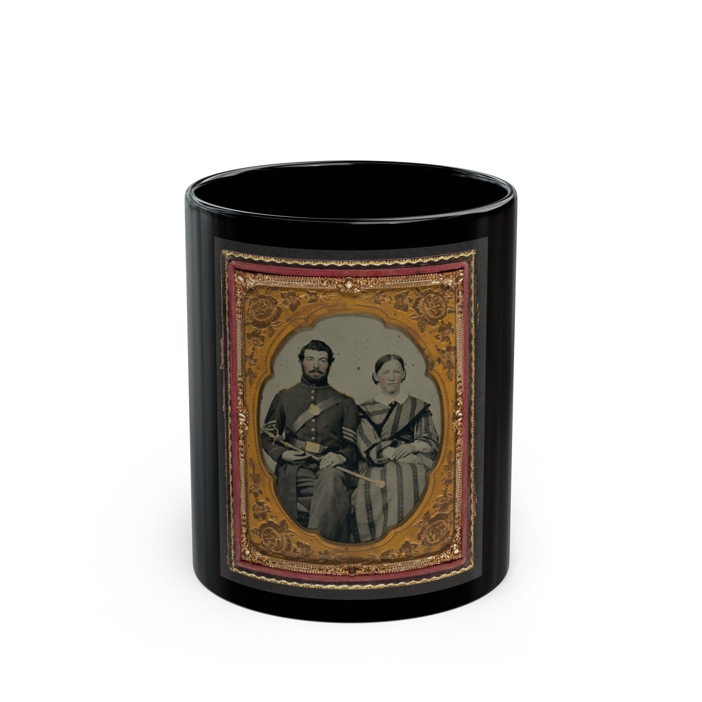 Unidentified Soldier In Union Sergeant's Uniform With Model 1840 Non-Commissioned Officer's Sword Next To Unidentified Woman (U.S. Civil War) Black Coffee Mug-11oz-The Sticker Space