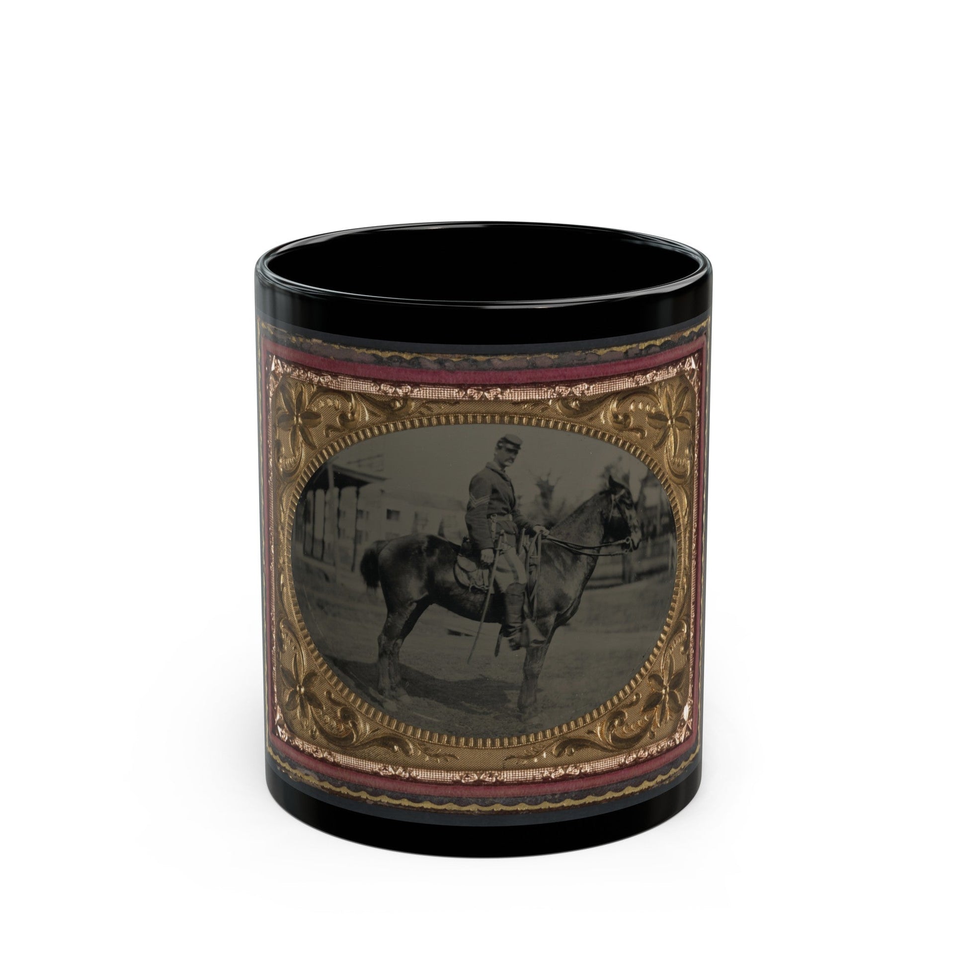 Unidentified Soldier In Union Sergeant's Uniform With Sword Seated On A Horse (U.S. Civil War) Black Coffee Mug-11oz-The Sticker Space