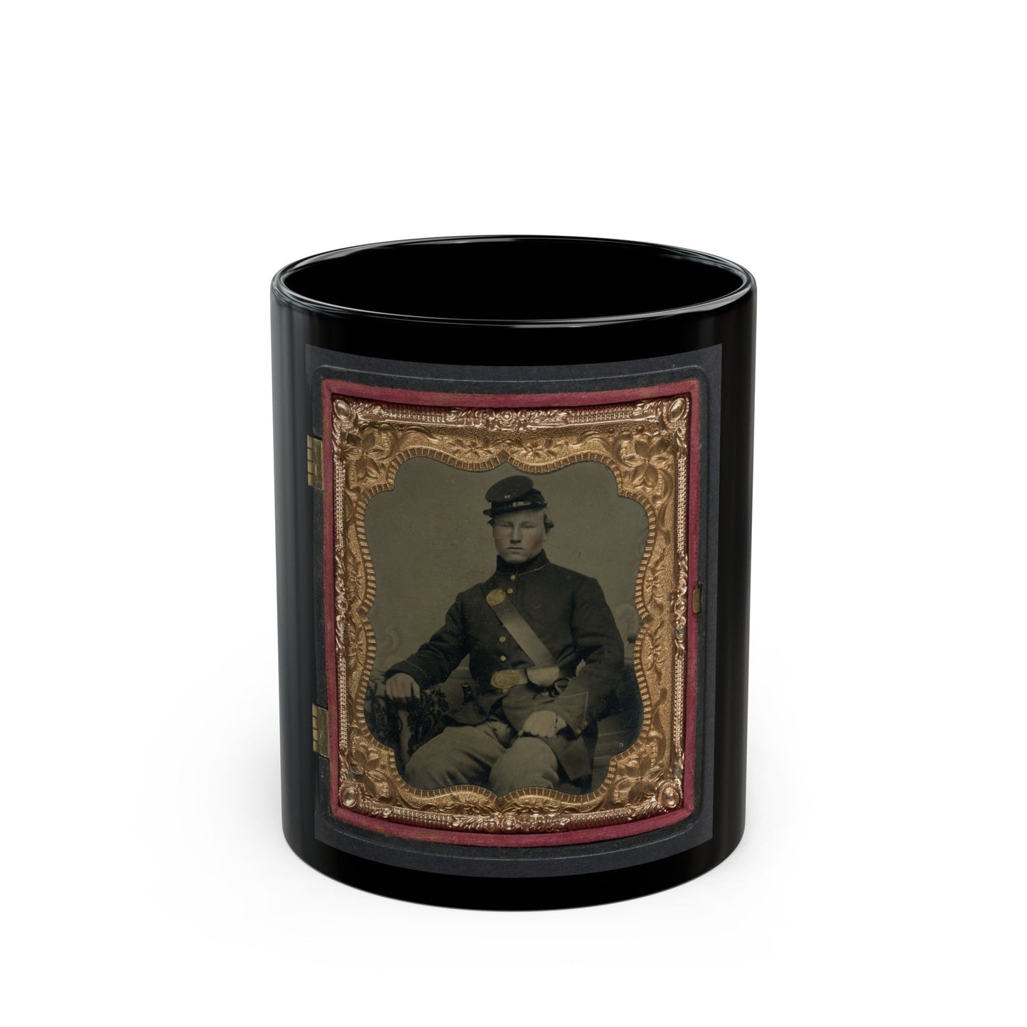 Unidentified Soldier In Union Uniform And 28th Regiment Forage Cap With Cap Box (U.S. Civil War) Black Coffee Mug-11oz-The Sticker Space