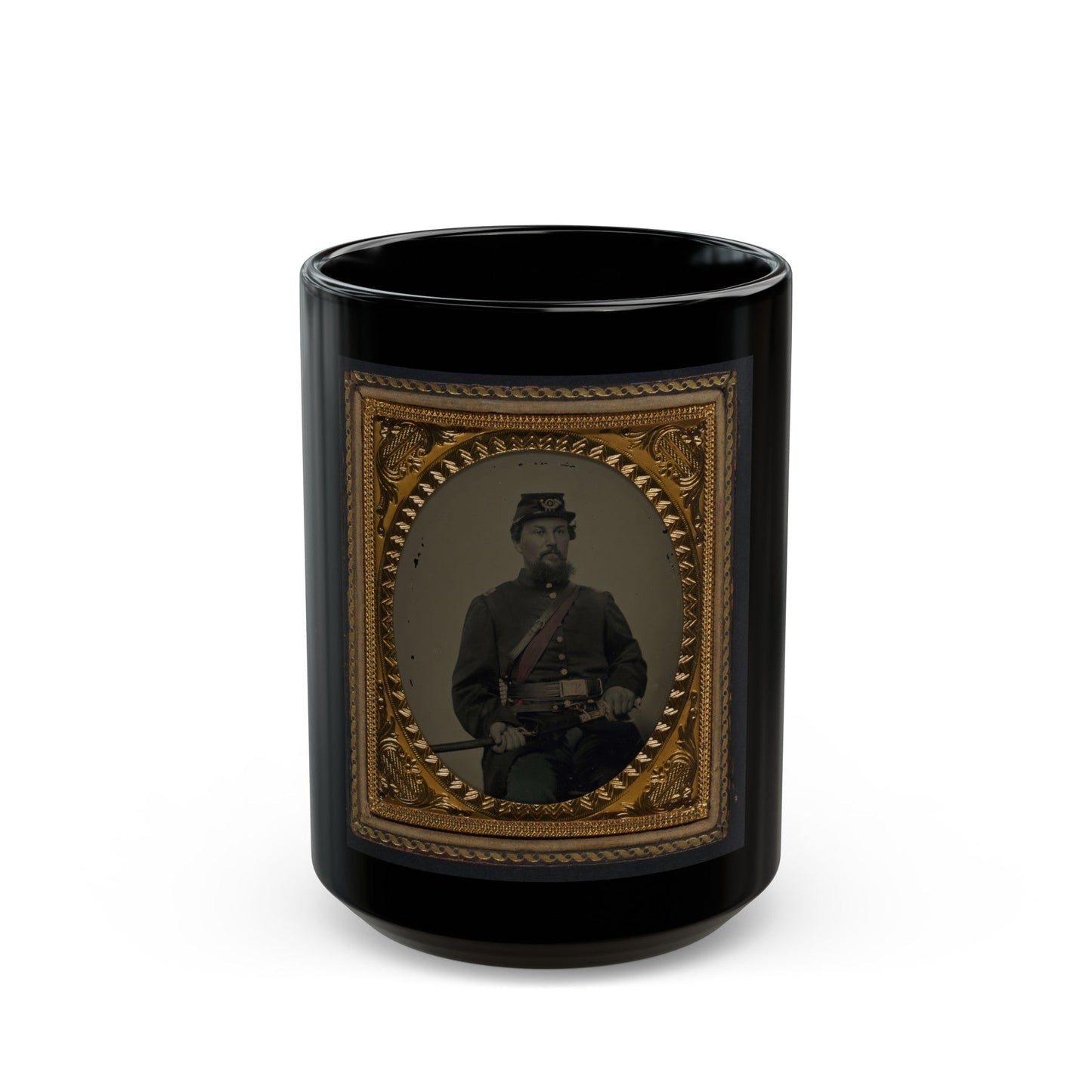 Unidentified Soldier In Union Uniform And 4th Infantry Kepi With Field And Staff Officers Sword (U.S. Civil War) Black Coffee Mug-15oz-The Sticker Space