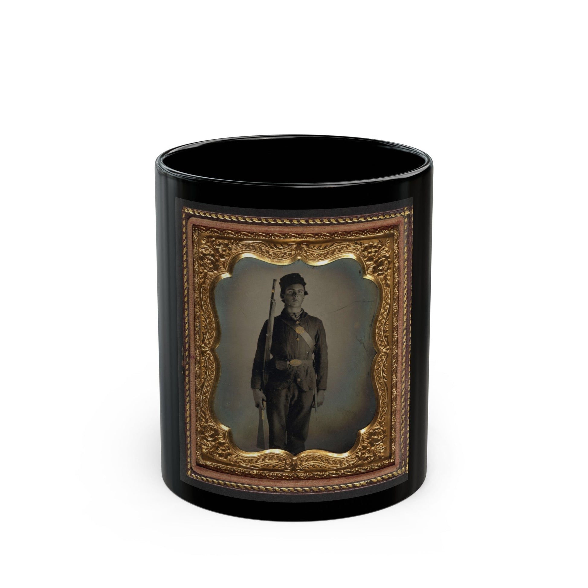 Unidentified Soldier In Union Uniform And Cap Box Standing With Musket And Bayonet With Scabbard (U.S. Civil War) Black Coffee Mug-11oz-The Sticker Space