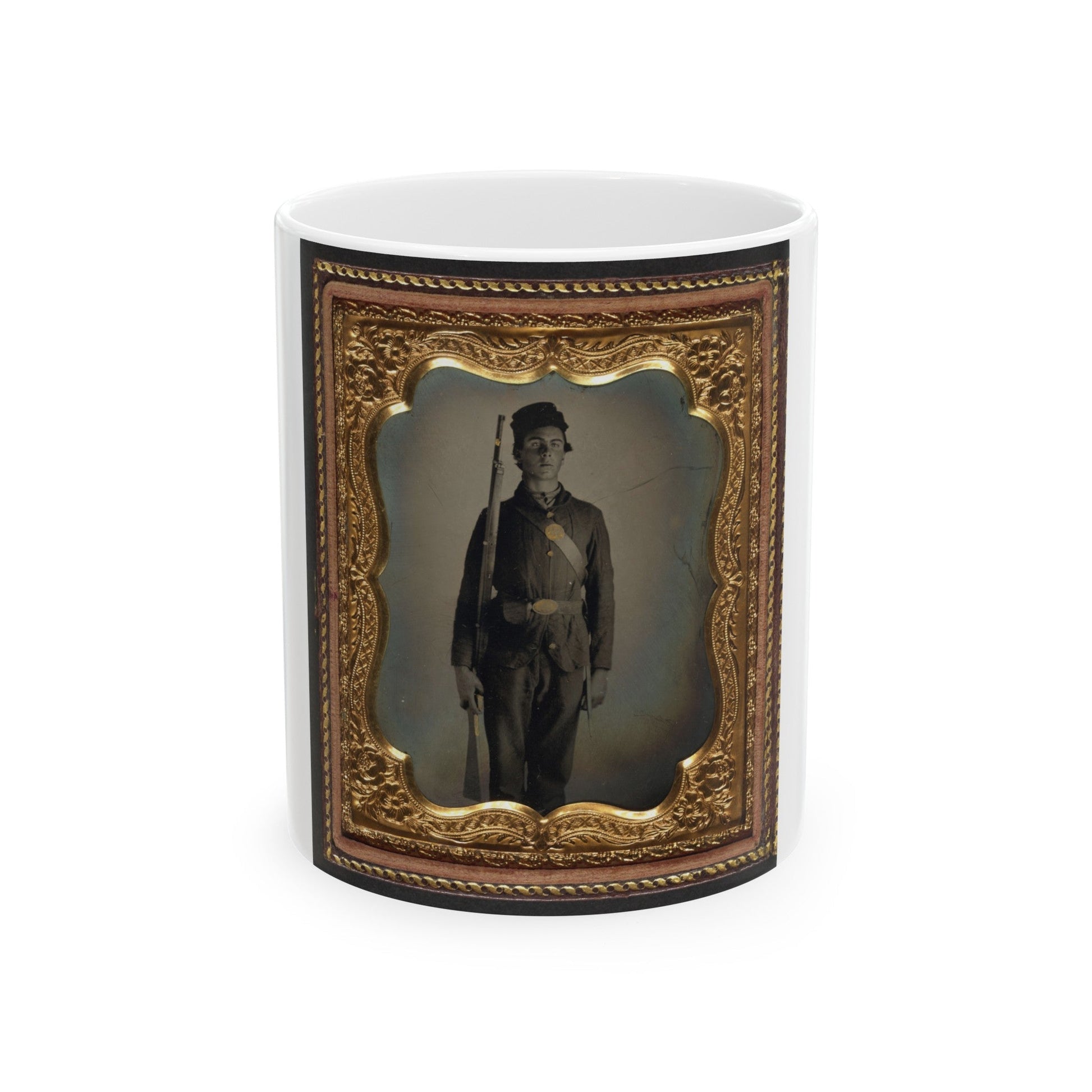 Unidentified Soldier In Union Uniform And Cap Box Standing With Musket And Bayonet With Scabbard (U.S. Civil War) White Coffee Mug-11oz-The Sticker Space