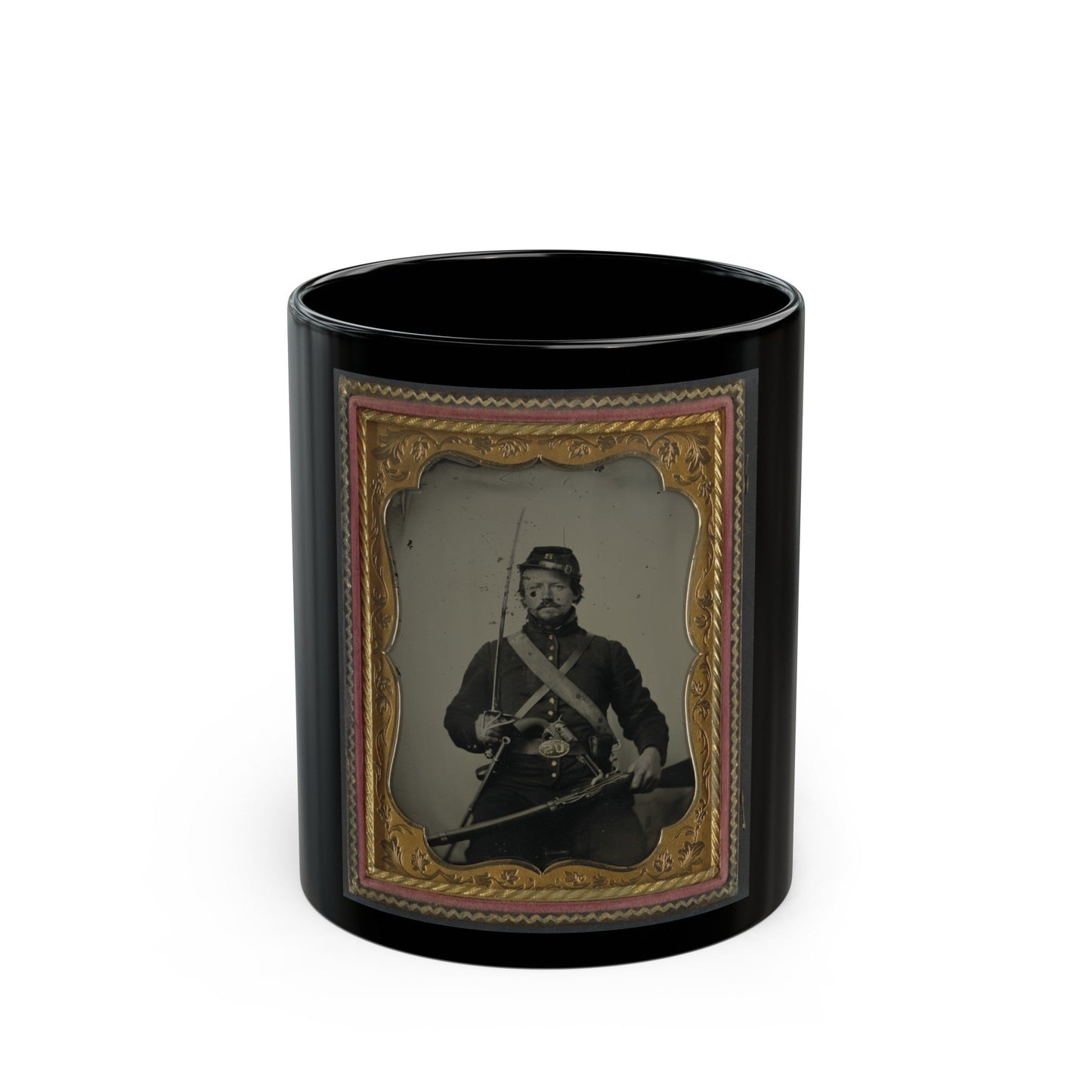 Unidentified Soldier In Union Uniform And Company B Hat, With Hall Breech Loading Carbine Rifle, Colt Revolver, And Cavalry Sword (U.S. Civil War) Black Coffee Mug-11oz-The Sticker Space