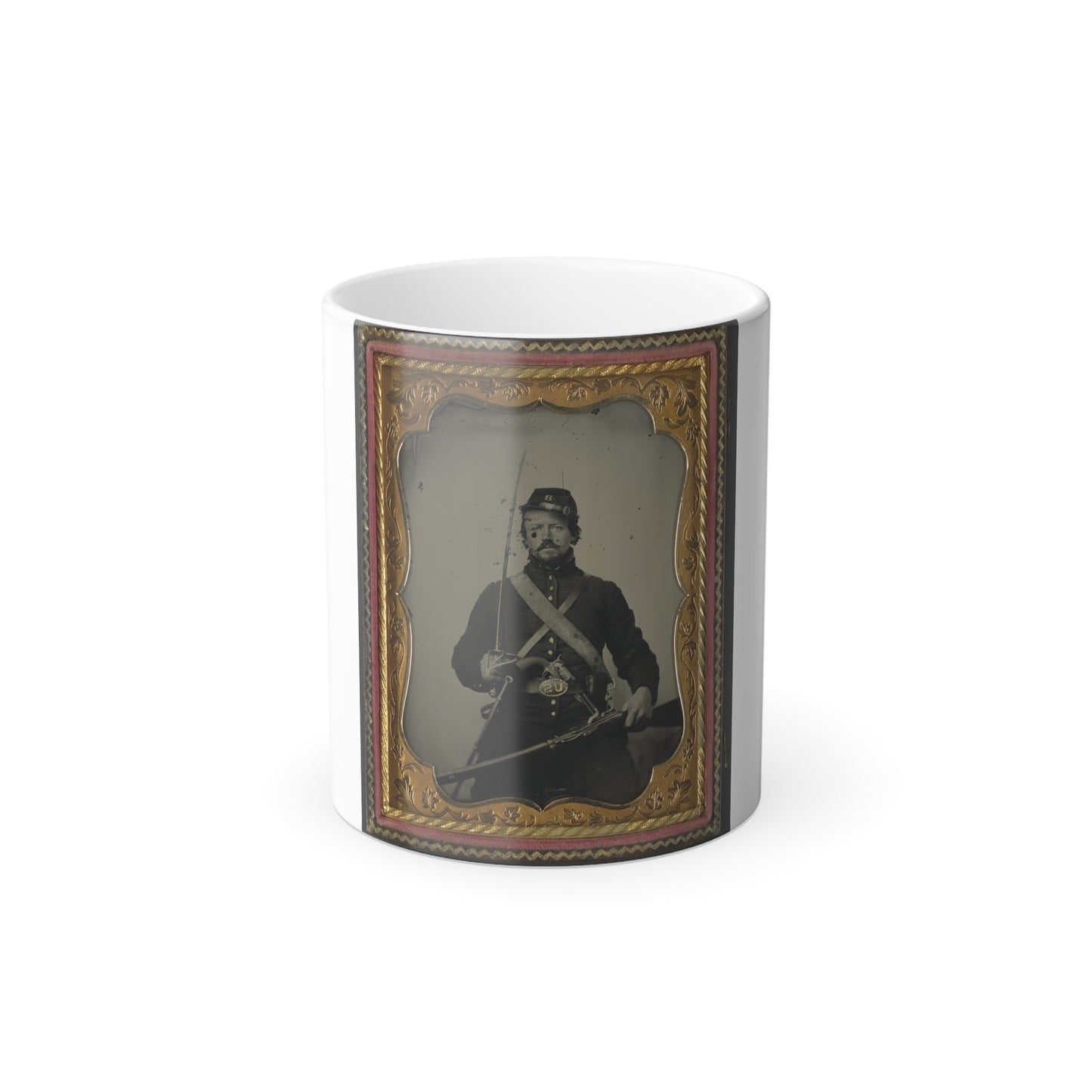 Unidentified Soldier in Union Uniform and Company B Hat, With Hall Breech Loading Carbine Rifle, Colt Revolver, and Cavalry Sword (U.S. Civil War) Color Morphing Mug 11oz-11oz-The Sticker Space