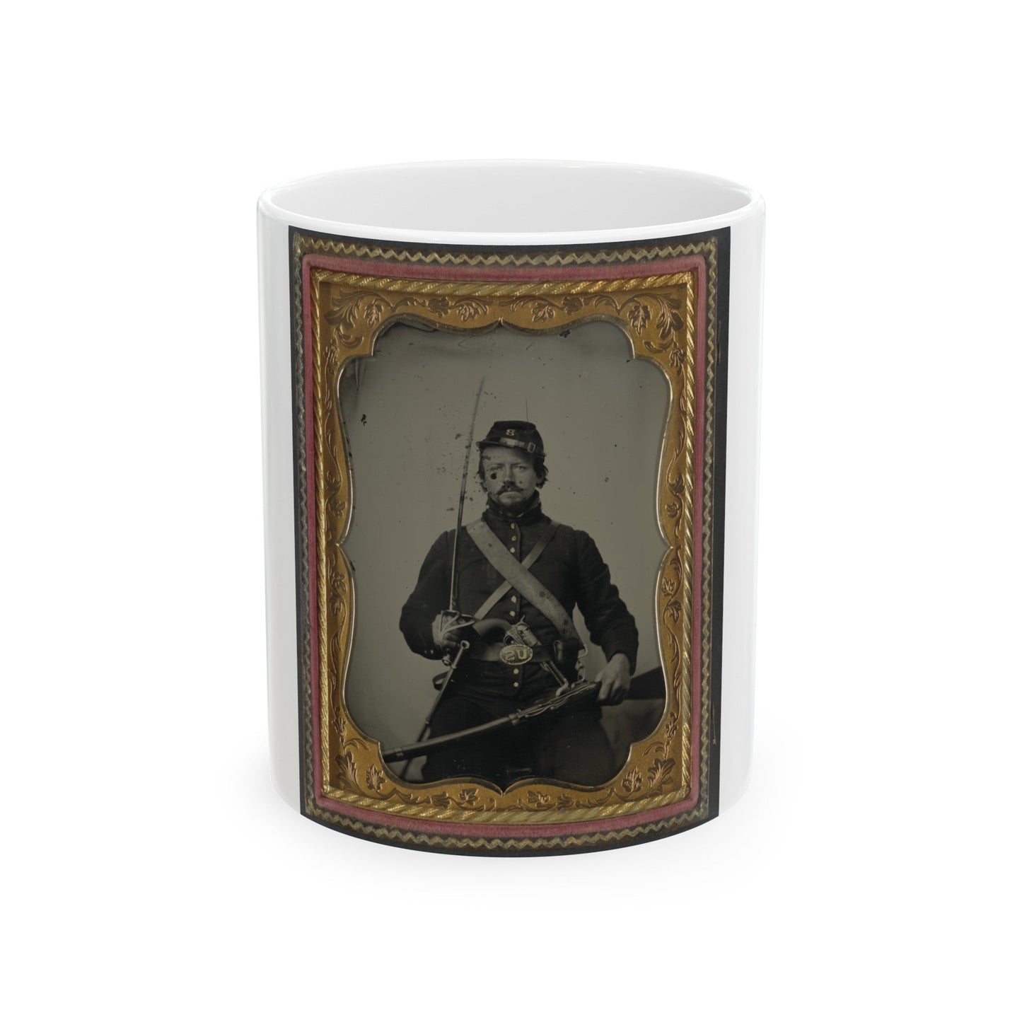 Unidentified Soldier In Union Uniform And Company B Hat, With Hall Breech Loading Carbine Rifle, Colt Revolver, And Cavalry Sword (U.S. Civil War) White Coffee Mug-11oz-The Sticker Space