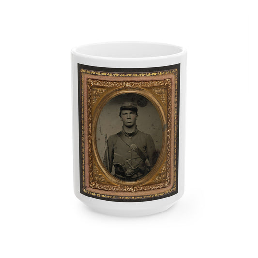 Unidentified Soldier In Union Uniform And Company C Hat With Bayoneted Musket, Revolver, Knife, And Cap Box (U.S. Civil War) White Coffee Mug-15oz-The Sticker Space