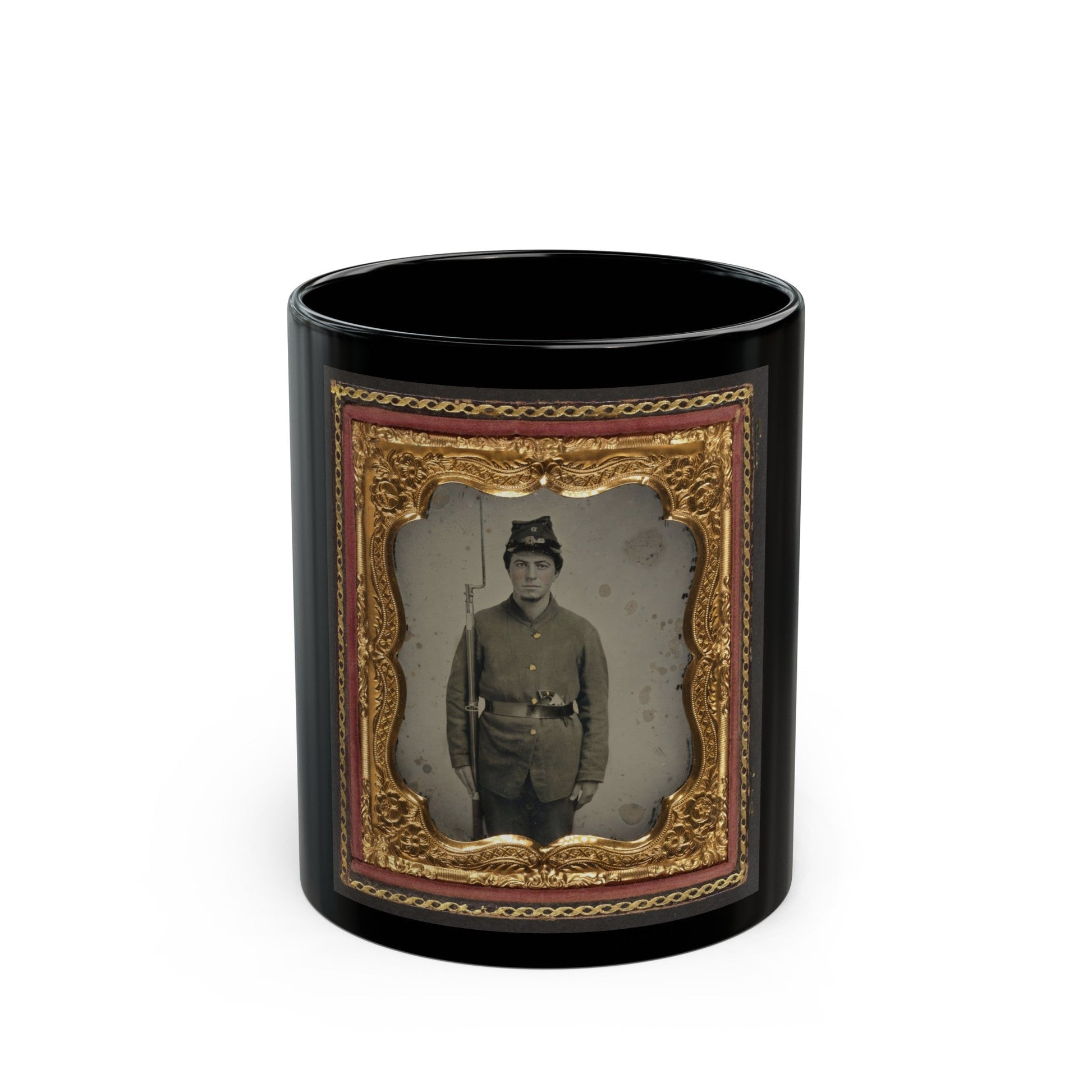 Unidentified Soldier In Union Uniform And Company D Forage Cap With A Bayoneted Musket And Revolver (U.S. Civil War) Black Coffee Mug-11oz-The Sticker Space