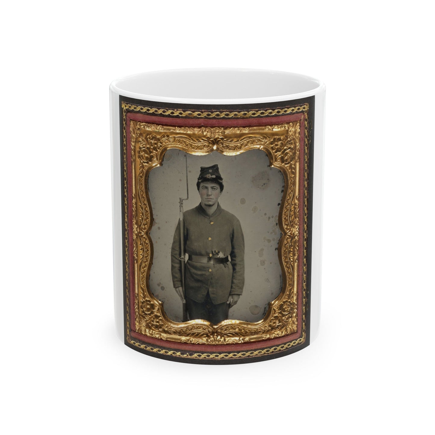 Unidentified Soldier In Union Uniform And Company D Forage Cap With A Bayoneted Musket And Revolver (U.S. Civil War) White Coffee Mug-11oz-The Sticker Space