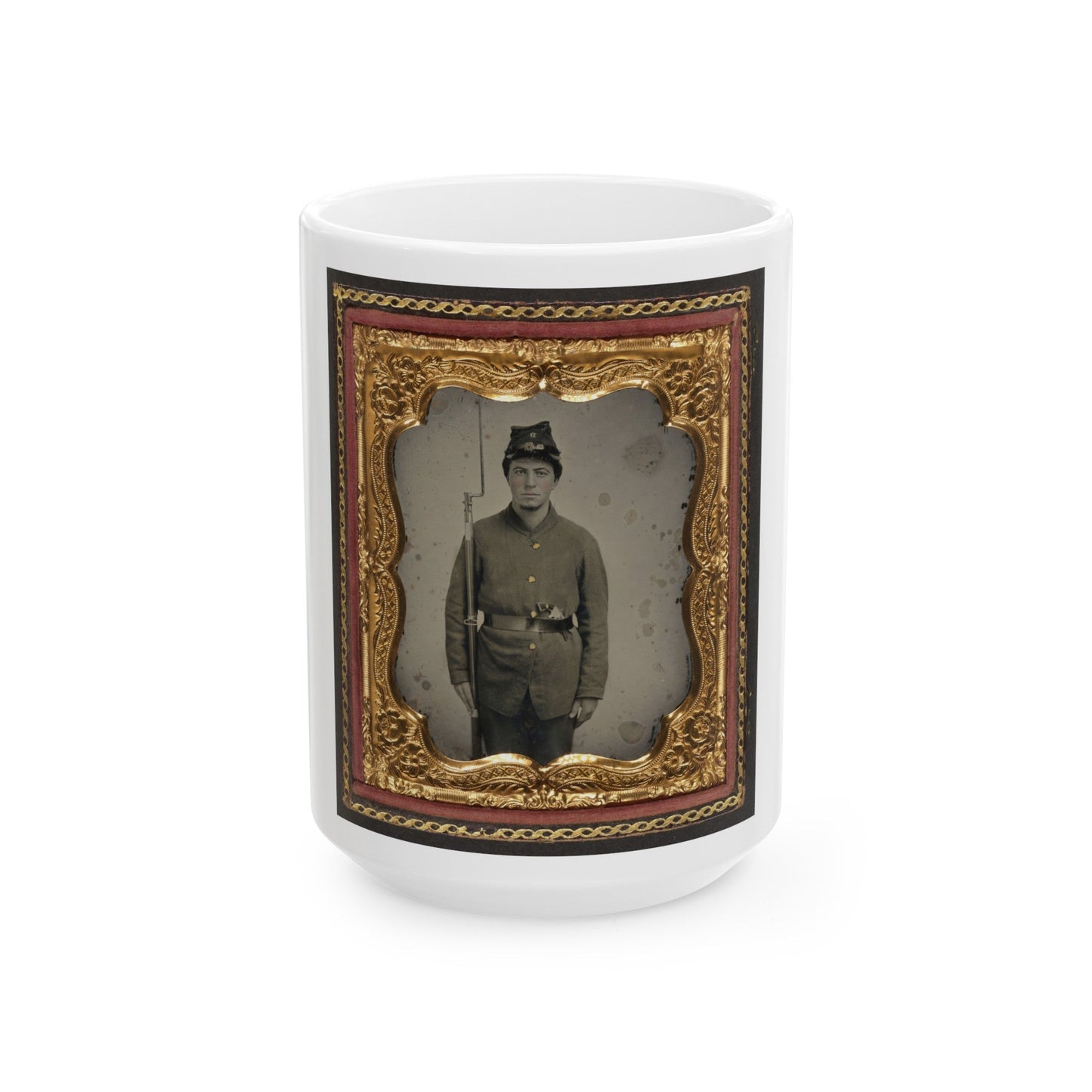 Unidentified Soldier In Union Uniform And Company D Forage Cap With A Bayoneted Musket And Revolver (U.S. Civil War) White Coffee Mug-15oz-The Sticker Space