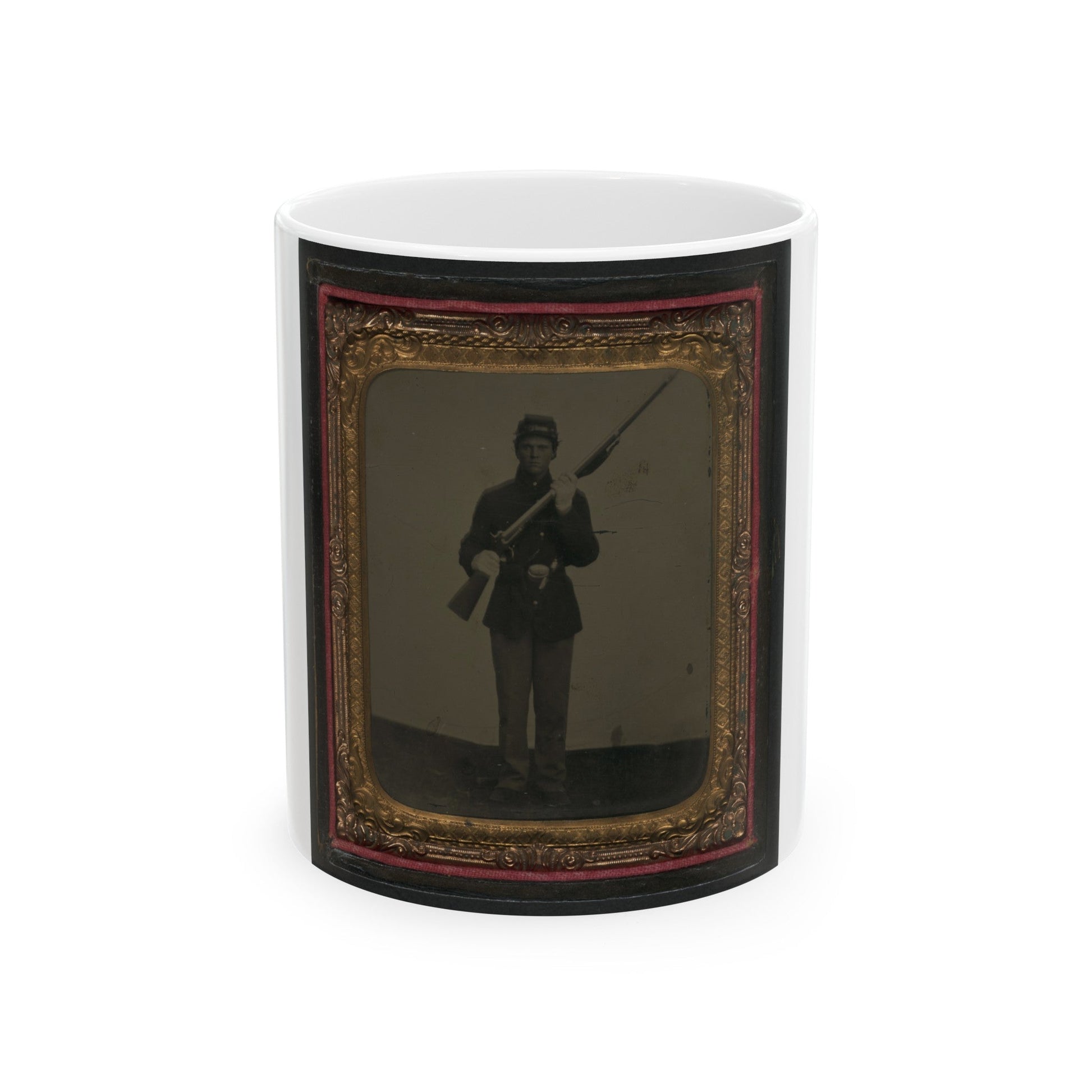 Unidentified Soldier In Union Uniform And Dress Gloves With Musket, Revolver, And Cap Box (U.S. Civil War) White Coffee Mug-11oz-The Sticker Space