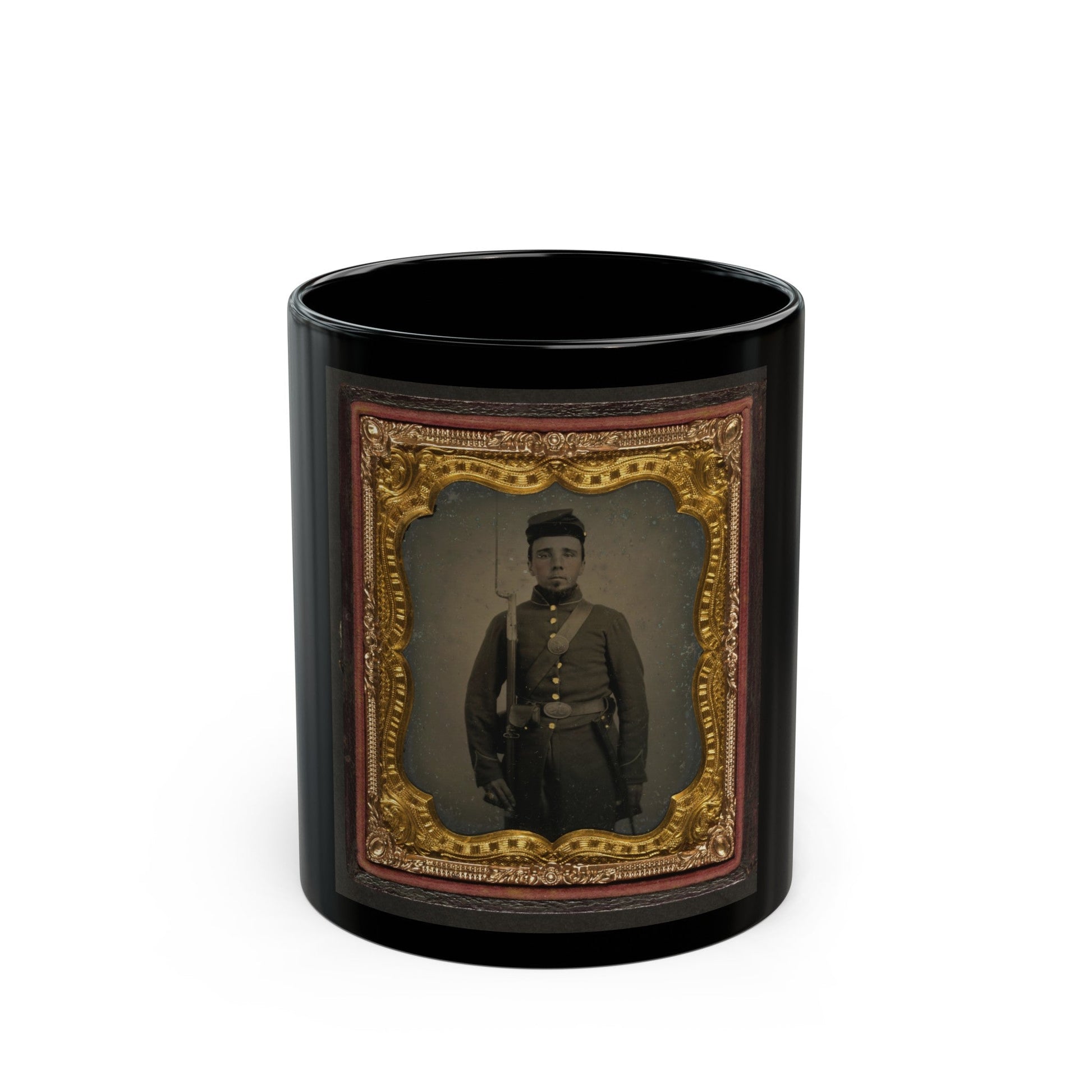 Unidentified Soldier In Union Uniform And Eagle Breast Plate With Bayoneted Musket, Cap Box, And Bayonet Scabbard (U.S. Civil War) Black Coffee Mug-11oz-The Sticker Space