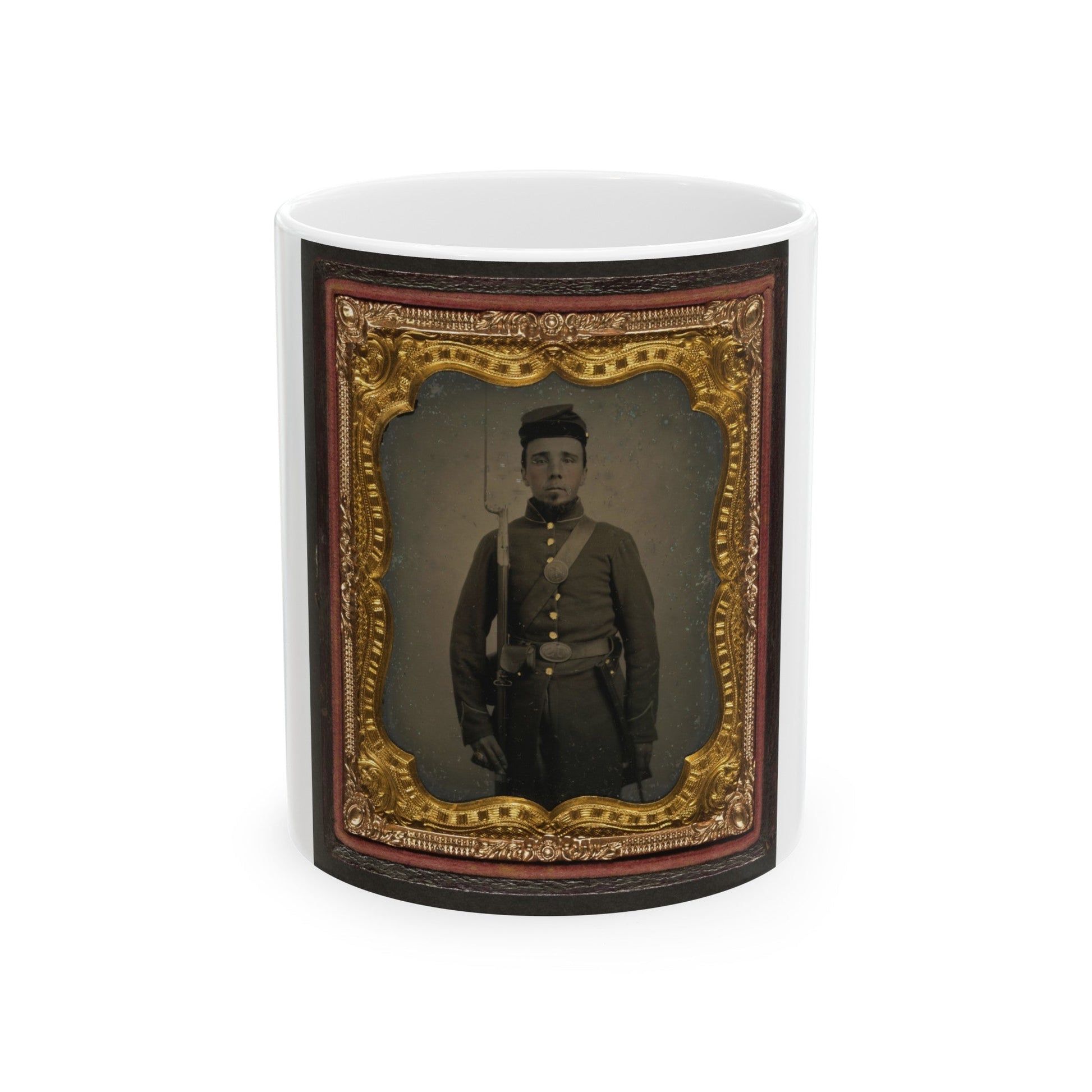 Unidentified Soldier In Union Uniform And Eagle Breast Plate With Bayoneted Musket, Cap Box, And Bayonet Scabbard (U.S. Civil War) White Coffee Mug-11oz-The Sticker Space