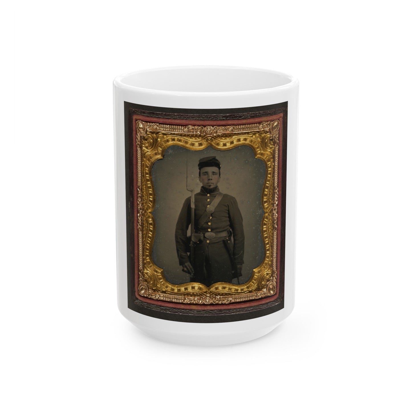 Unidentified Soldier In Union Uniform And Eagle Breast Plate With Bayoneted Musket, Cap Box, And Bayonet Scabbard (U.S. Civil War) White Coffee Mug-15oz-The Sticker Space