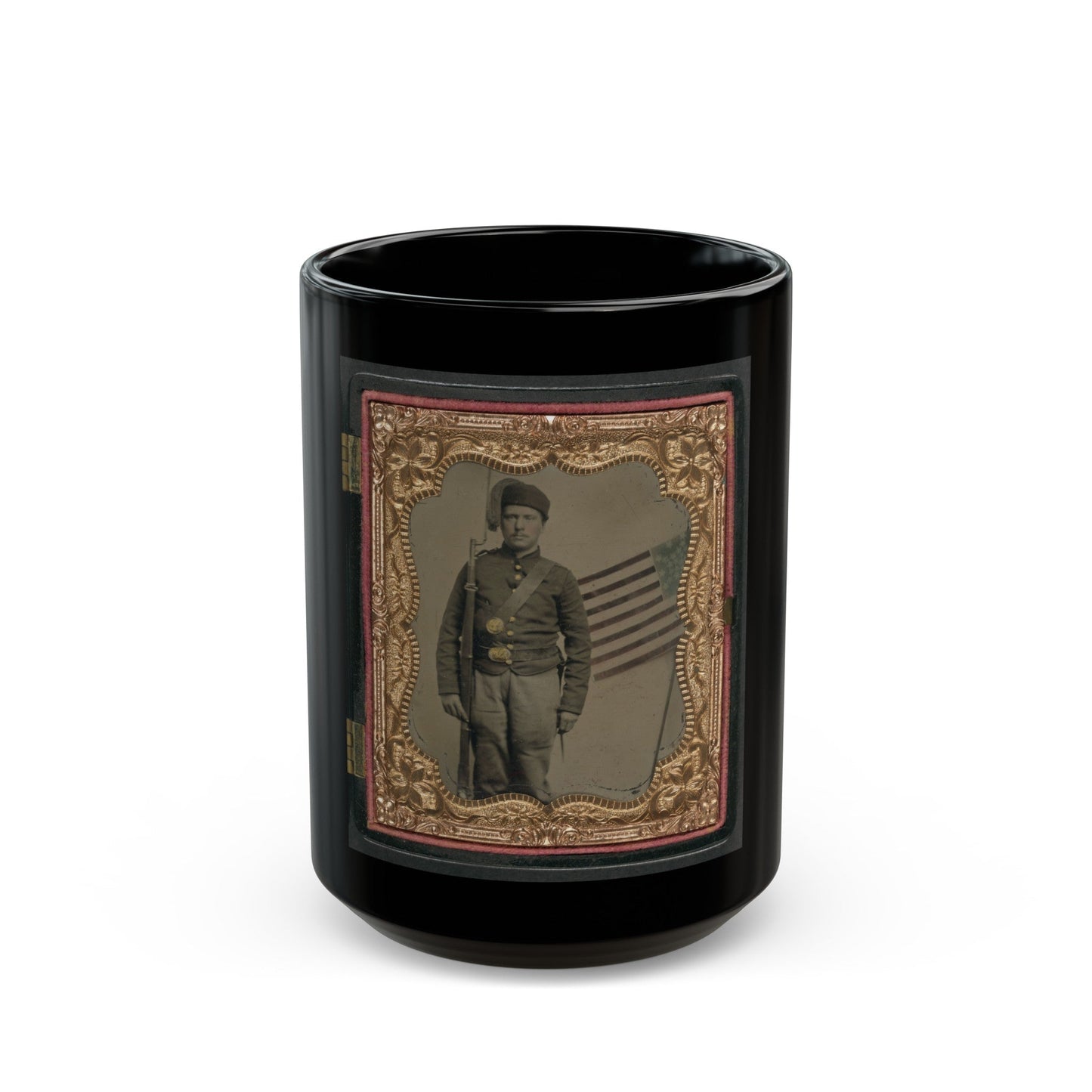 Unidentified Soldier In Union Uniform And Fez With Bayoneted Musket In Front Of Painted Backdrop Showing American Flag (U.S. Civil War) Black Coffee Mug-15oz-The Sticker Space