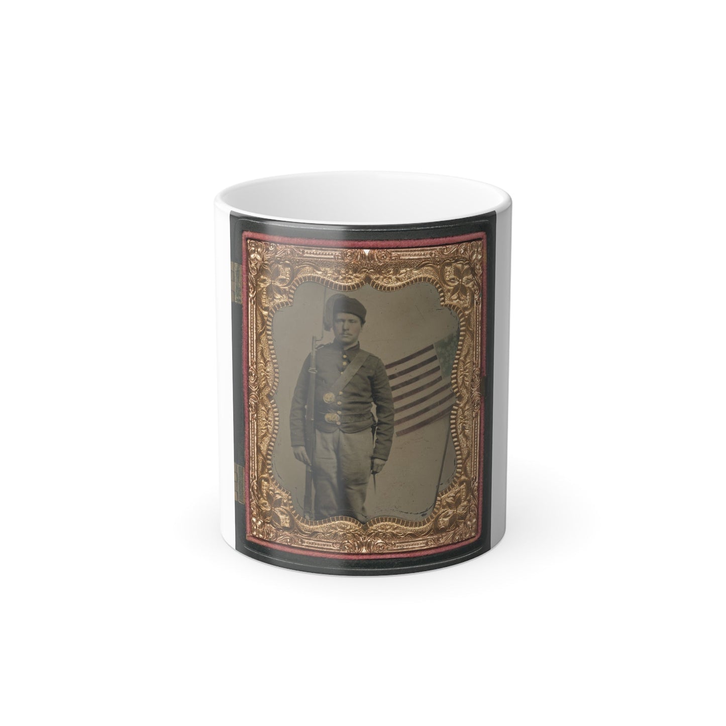 Unidentified Soldier in Union Uniform and Fez With Bayoneted Musket in Front of Painted Backdrop Showing American Flag (U.S. Civil War) Color Morphing Mug 11oz-11oz-The Sticker Space