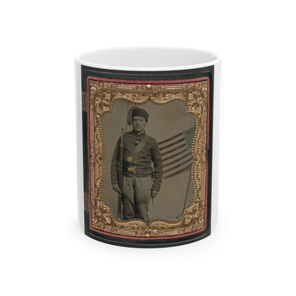 Unidentified Soldier In Union Uniform And Fez With Bayoneted Musket In Front Of Painted Backdrop Showing American Flag (U.S. Civil War) White Coffee Mug-11oz-The Sticker Space