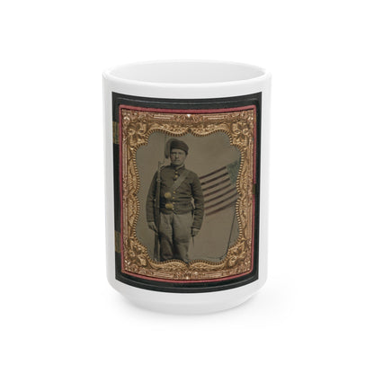 Unidentified Soldier In Union Uniform And Fez With Bayoneted Musket In Front Of Painted Backdrop Showing American Flag (U.S. Civil War) White Coffee Mug-15oz-The Sticker Space