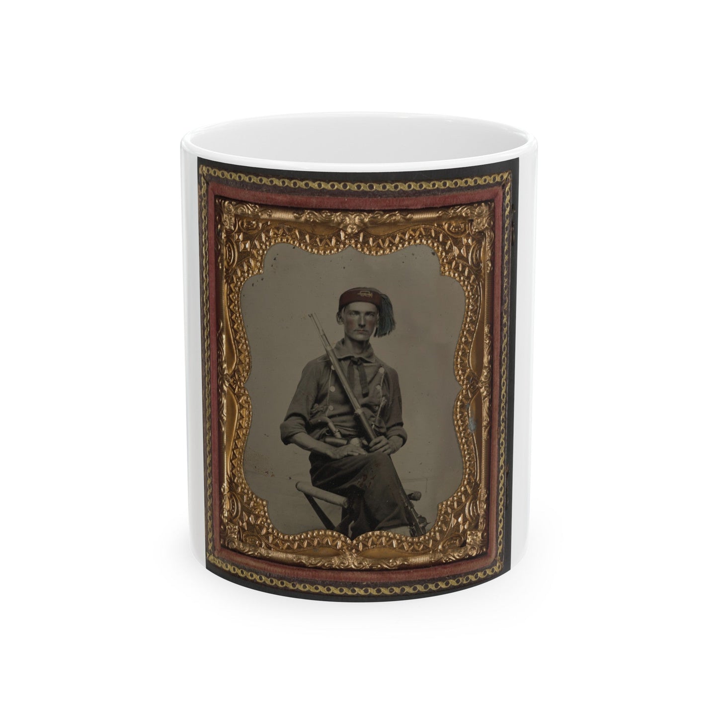 Unidentified Soldier In Union Uniform And Fez With Model 1855 Rifle Musket And Pepperbox Revolver (U.S. Civil War) White Coffee Mug-11oz-The Sticker Space