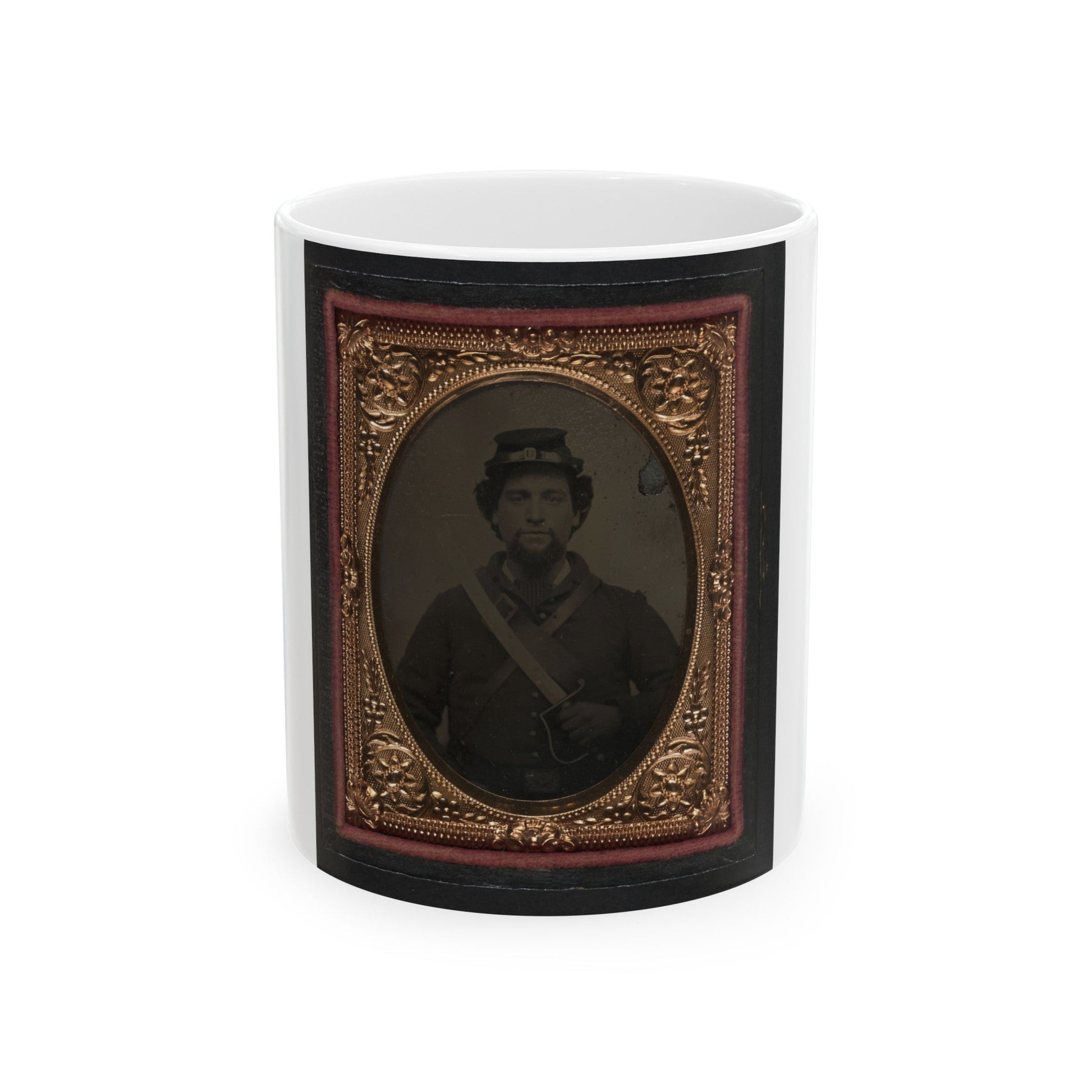 Unidentified Soldier In Union Uniform And Forage Cap Holding 1818 Nathan Starr Contract Cavalry Saber (U.S. Civil War) White Coffee Mug-11oz-The Sticker Space