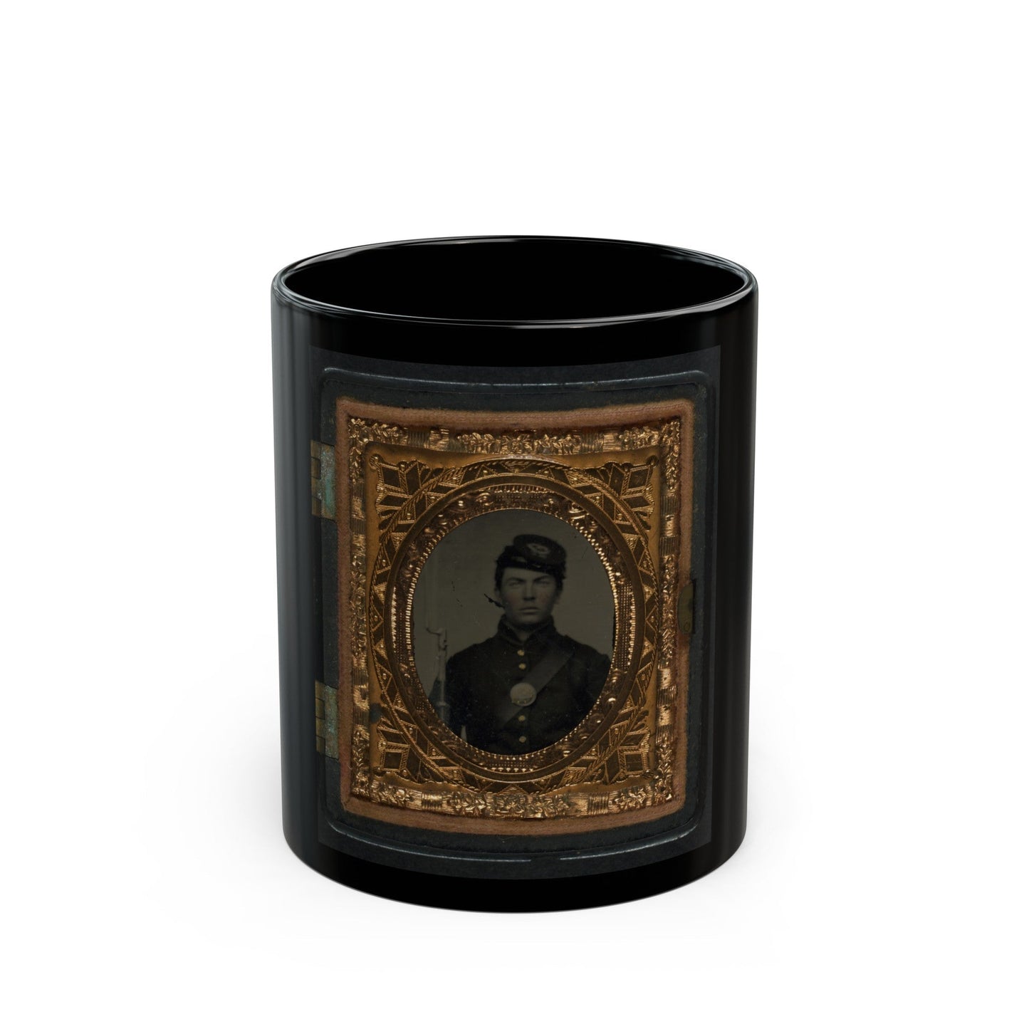 Unidentified Soldier In Union Uniform And Forage Cap With Bayoneted Musket (U.S. Civil War) Black Coffee Mug-11oz-The Sticker Space