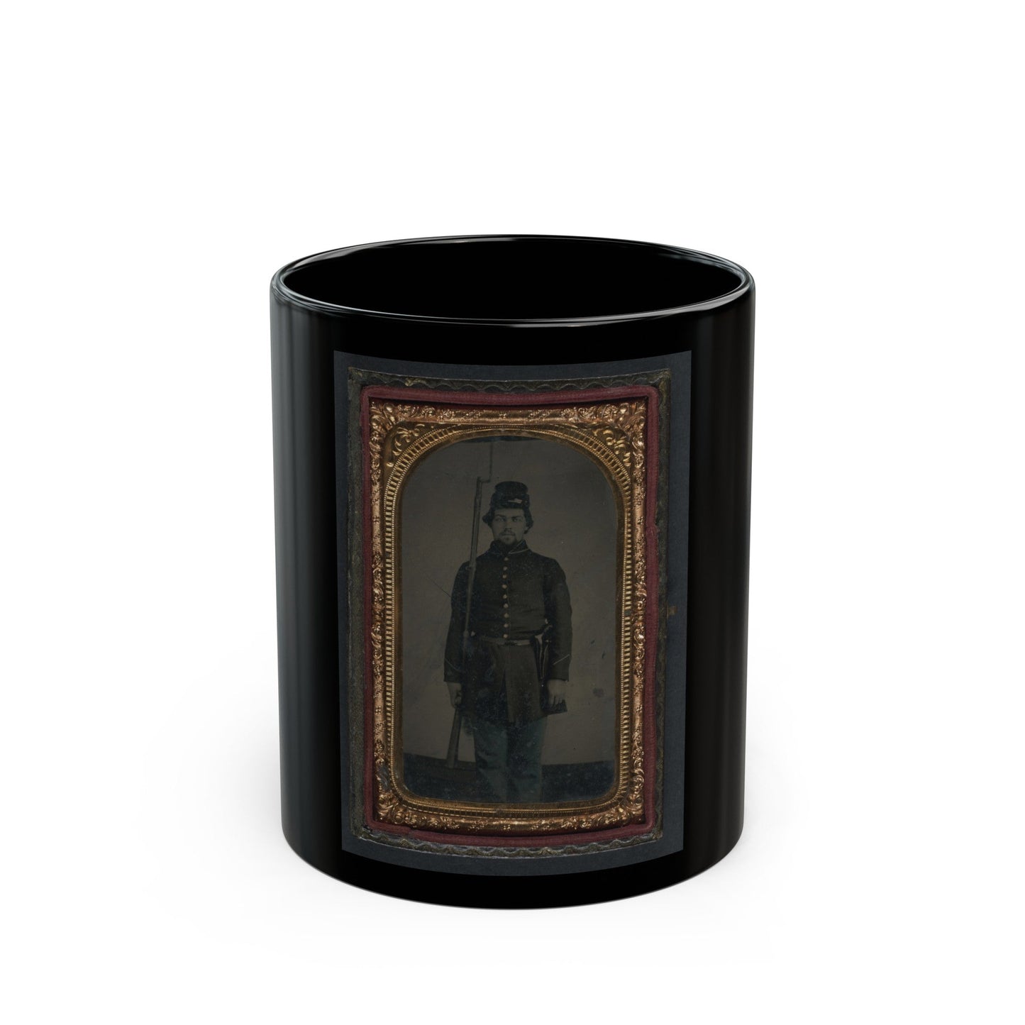 Unidentified Soldier In Union Uniform And Forage Cap With Holstered Revolver And Bayoneted Musket (U.S. Civil War) Black Coffee Mug-11oz-The Sticker Space