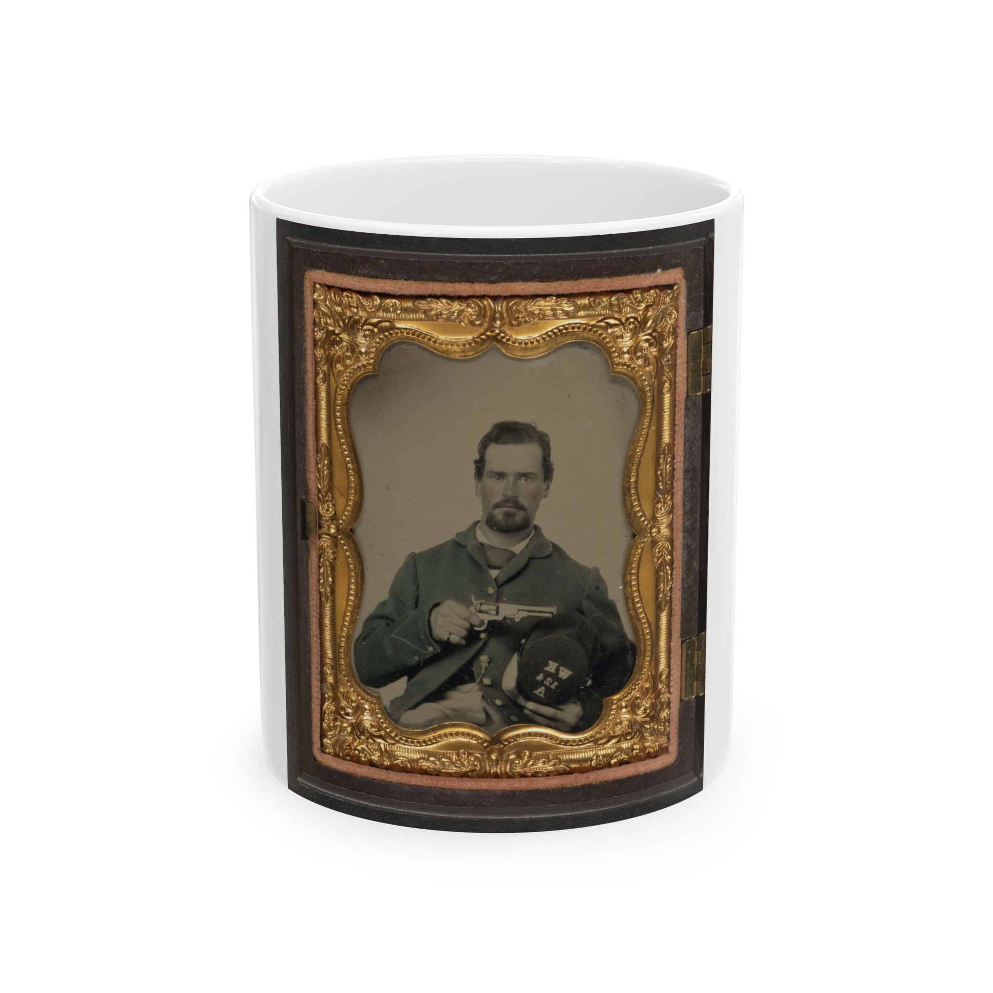 Unidentified Soldier In Union Uniform And Forage Cap With Insignia Of Company A, 124th Regiment W.K., Holding Revolver (U.S. Civil War) White Coffee Mug-11oz-The Sticker Space