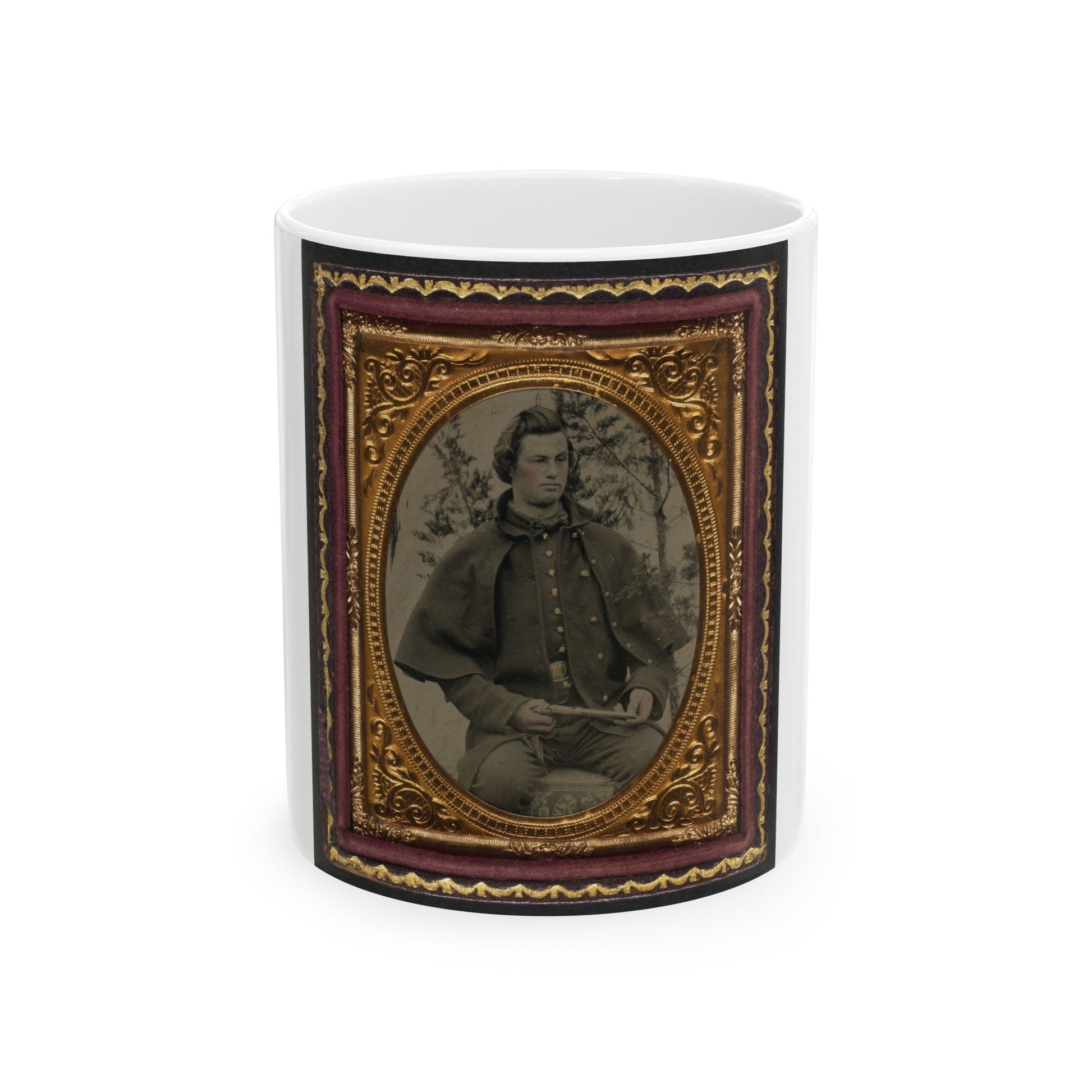 Unidentified Soldier In Union Uniform And Greatcoat Holding Handgun With Trees In Background (U.S. Civil War) White Coffee Mug-11oz-The Sticker Space