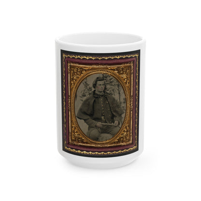 Unidentified Soldier In Union Uniform And Greatcoat Holding Handgun With Trees In Background (U.S. Civil War) White Coffee Mug-15oz-The Sticker Space