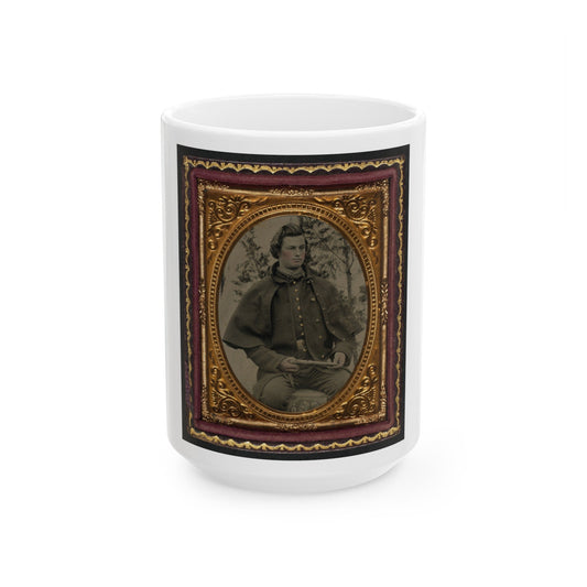 Unidentified Soldier In Union Uniform And Greatcoat Holding Handgun With Trees In Background (U.S. Civil War) White Coffee Mug-15oz-The Sticker Space