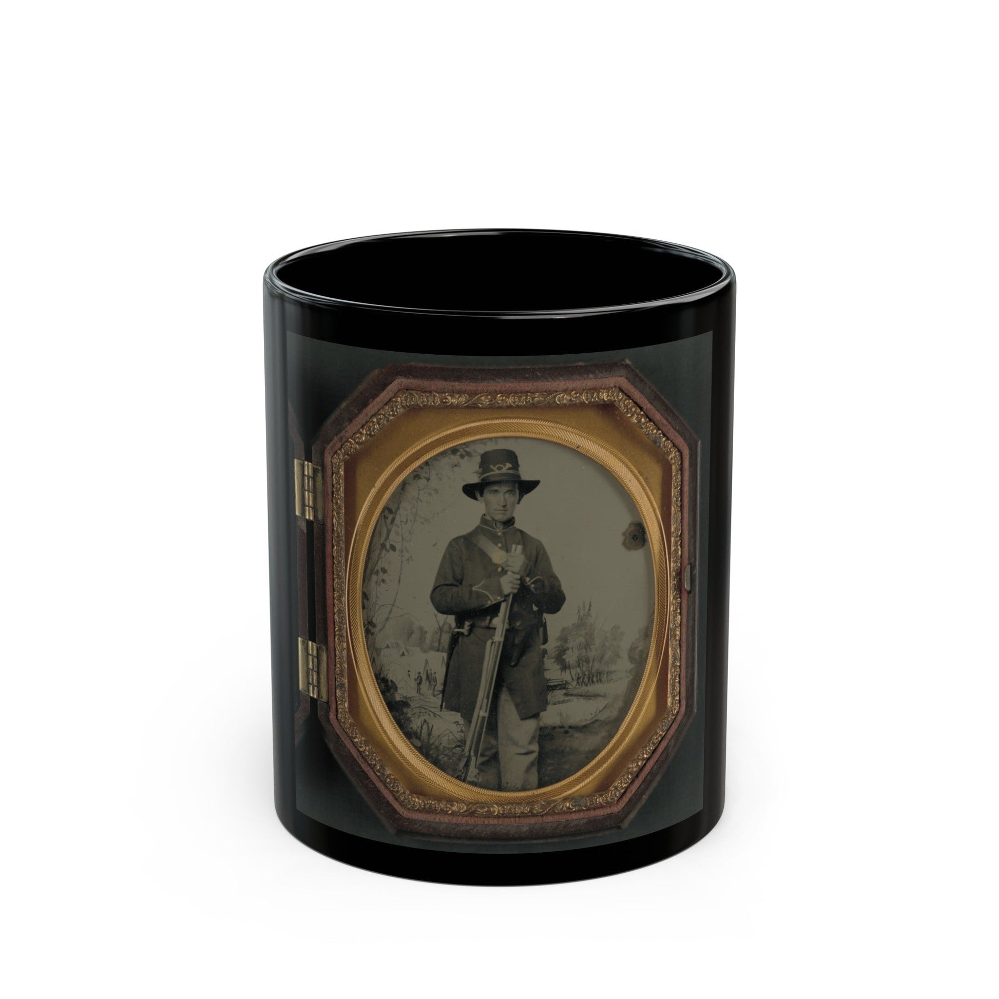 Unidentified Soldier In Union Uniform And Hardee Hat With Rifle In Front Of Painted Backdrop Showing Military Camp (U.S. Civil War) Black Coffee Mug-11oz-The Sticker Space