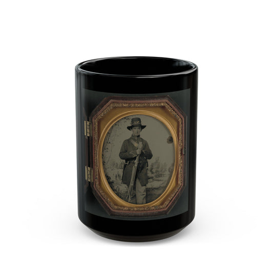 Unidentified Soldier In Union Uniform And Hardee Hat With Rifle In Front Of Painted Backdrop Showing Military Camp (U.S. Civil War) Black Coffee Mug-15oz-The Sticker Space