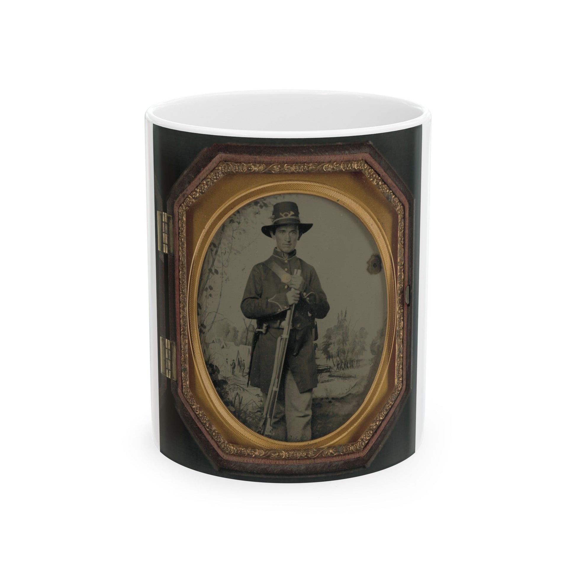 Unidentified Soldier In Union Uniform And Hardee Hat With Rifle In Front Of Painted Backdrop Showing Military Camp (U.S. Civil War) White Coffee Mug-11oz-The Sticker Space