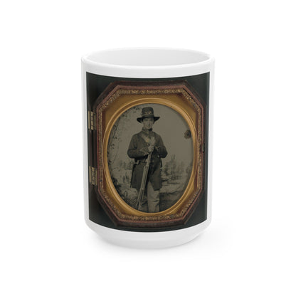 Unidentified Soldier In Union Uniform And Hardee Hat With Rifle In Front Of Painted Backdrop Showing Military Camp (U.S. Civil War) White Coffee Mug-15oz-The Sticker Space