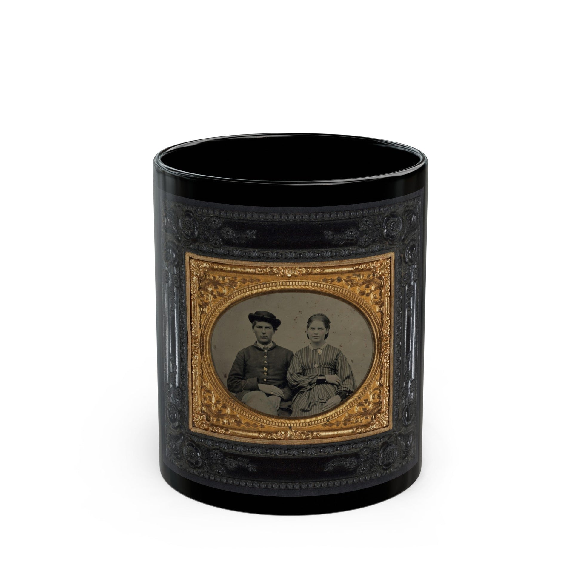 Unidentified Soldier In Union Uniform And Hat And Unidentified Woman In Patterned Dress (U.S. Civil War) Black Coffee Mug-11oz-The Sticker Space