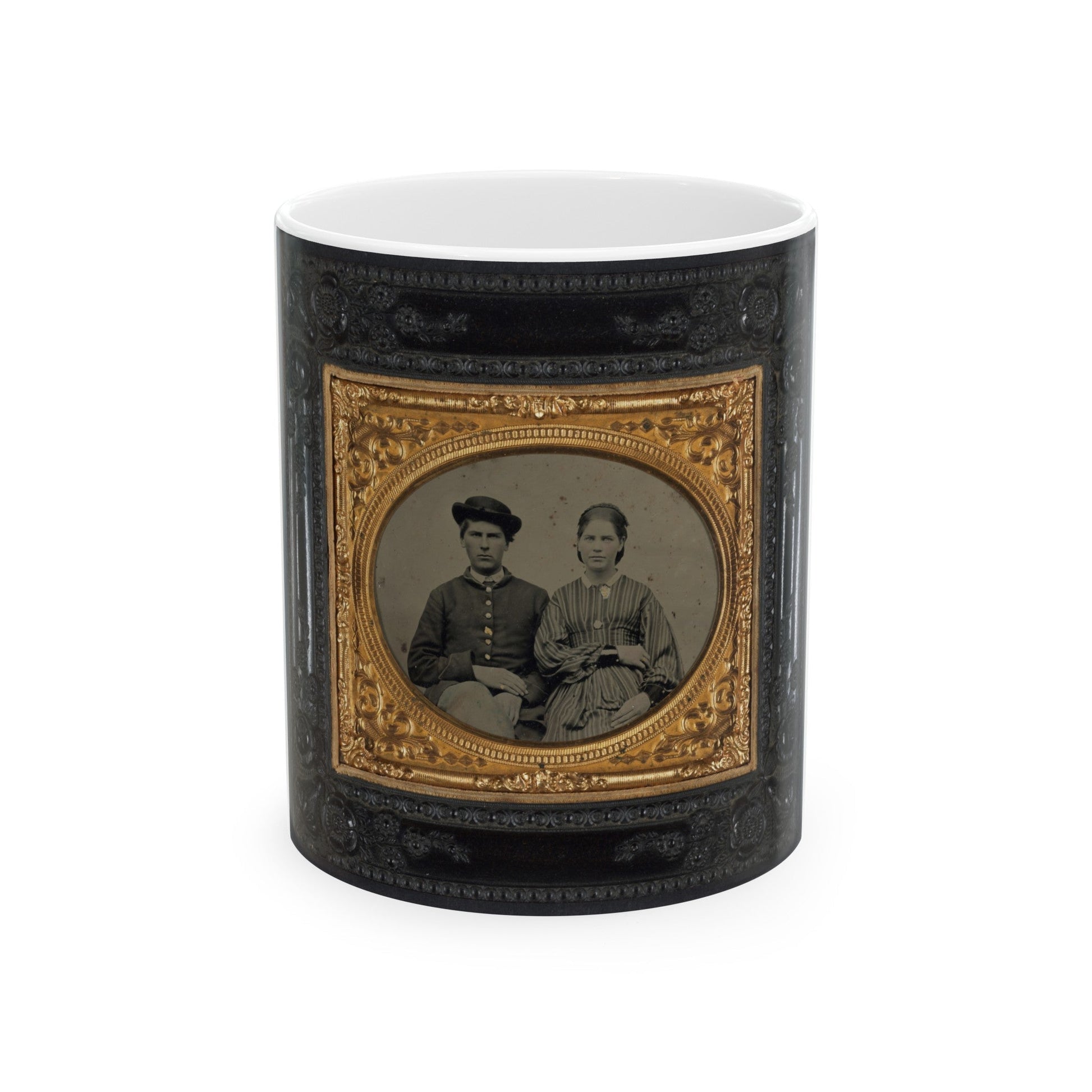 Unidentified Soldier In Union Uniform And Hat And Unidentified Woman In Patterned Dress (U.S. Civil War) White Coffee Mug-11oz-The Sticker Space