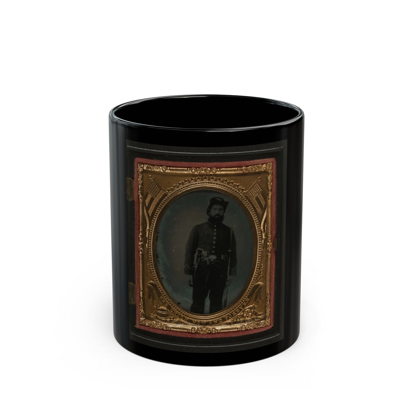 Unidentified Soldier In Union Uniform And Infantry Hardee Hat With Musket, Revolver, And Bowie Knife With Sheath (U.S. Civil War) Black Coffee Mug-11oz-The Sticker Space