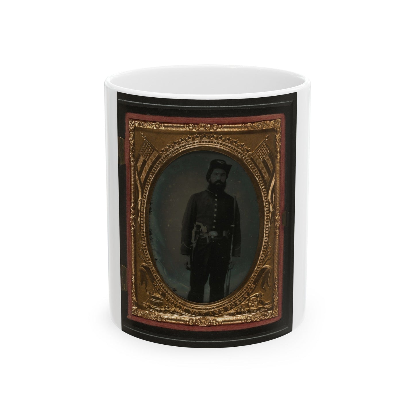 Unidentified Soldier In Union Uniform And Infantry Hardee Hat With Musket, Revolver, And Bowie Knife With Sheath (U.S. Civil War) White Coffee Mug-11oz-The Sticker Space