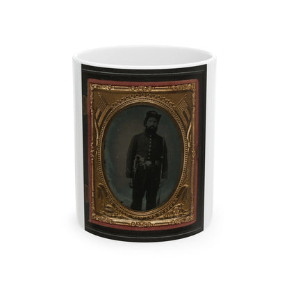 Unidentified Soldier In Union Uniform And Infantry Hardee Hat With Musket, Revolver, And Bowie Knife With Sheath (U.S. Civil War) White Coffee Mug-11oz-The Sticker Space