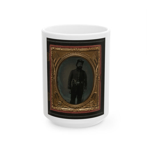 Unidentified Soldier In Union Uniform And Infantry Hardee Hat With Musket, Revolver, And Bowie Knife With Sheath (U.S. Civil War) White Coffee Mug-15oz-The Sticker Space