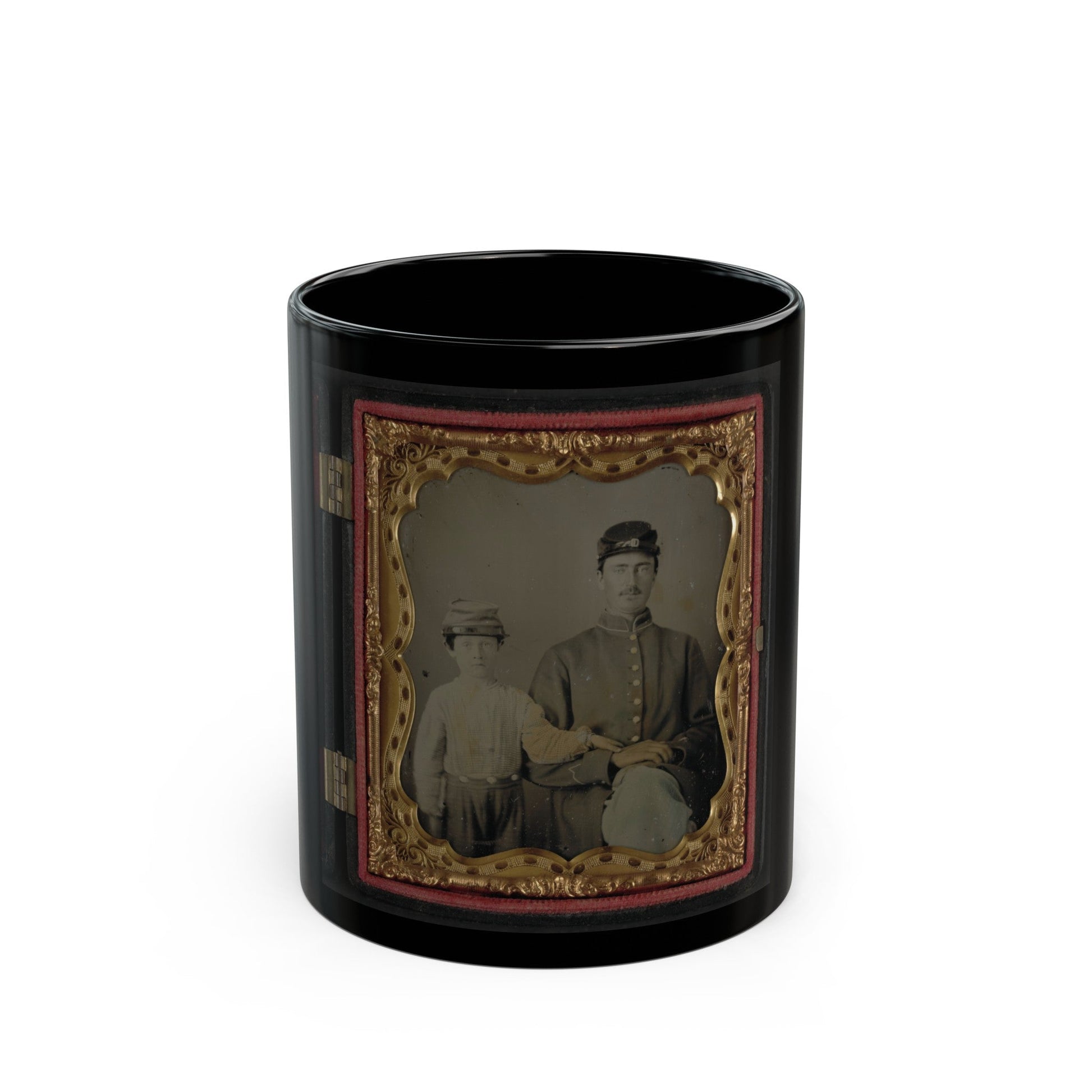 Unidentified Soldier In Union Uniform And Kepi With Unidentified Young Boy, Probably Father And Son (U.S. Civil War) Black Coffee Mug-11oz-The Sticker Space