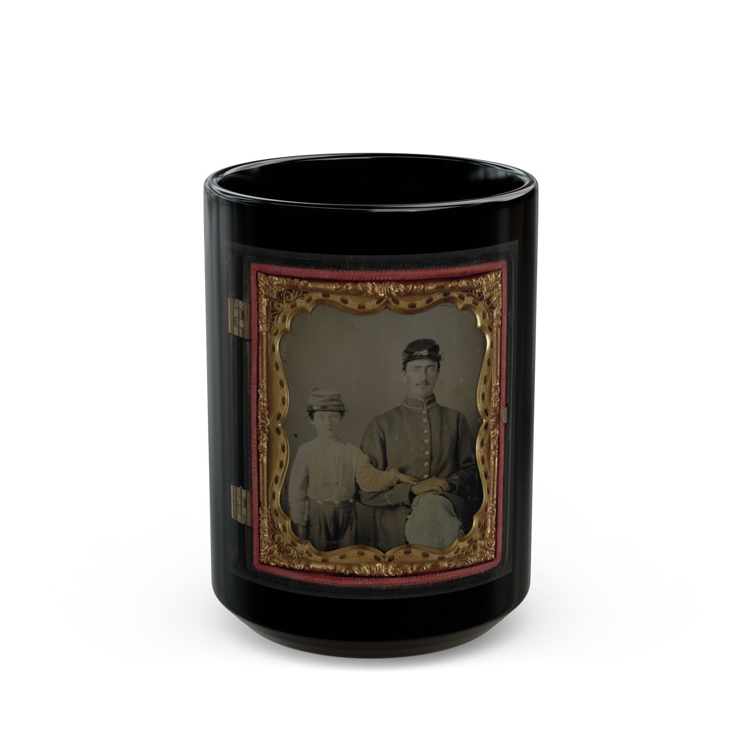 Unidentified Soldier In Union Uniform And Kepi With Unidentified Young Boy, Probably Father And Son (U.S. Civil War) Black Coffee Mug-15oz-The Sticker Space