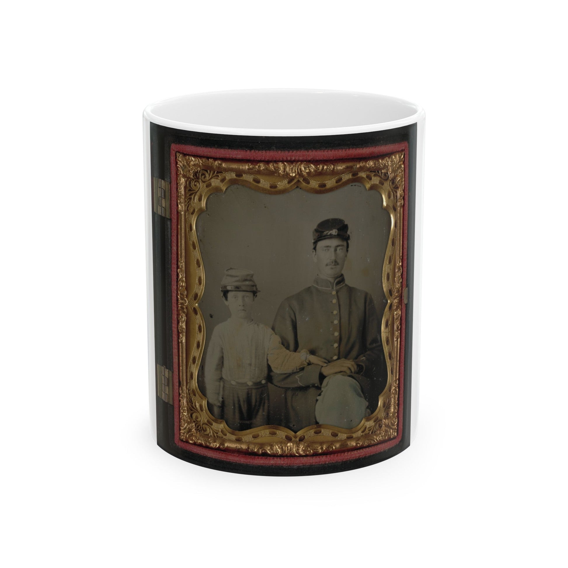 Unidentified Soldier In Union Uniform And Kepi With Unidentified Young Boy, Probably Father And Son (U.S. Civil War) White Coffee Mug-11oz-The Sticker Space