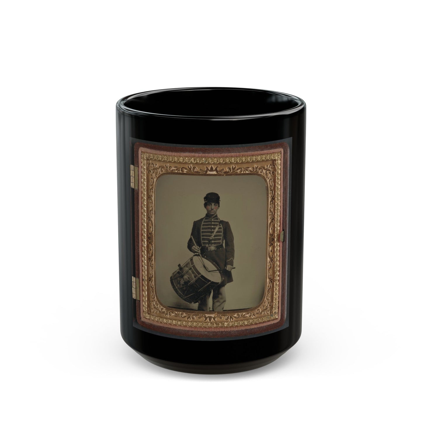 Unidentified Soldier In Union Uniform And Massachusetts Belt Buckle With Drum (U.S. Civil War) Black Coffee Mug-15oz-The Sticker Space