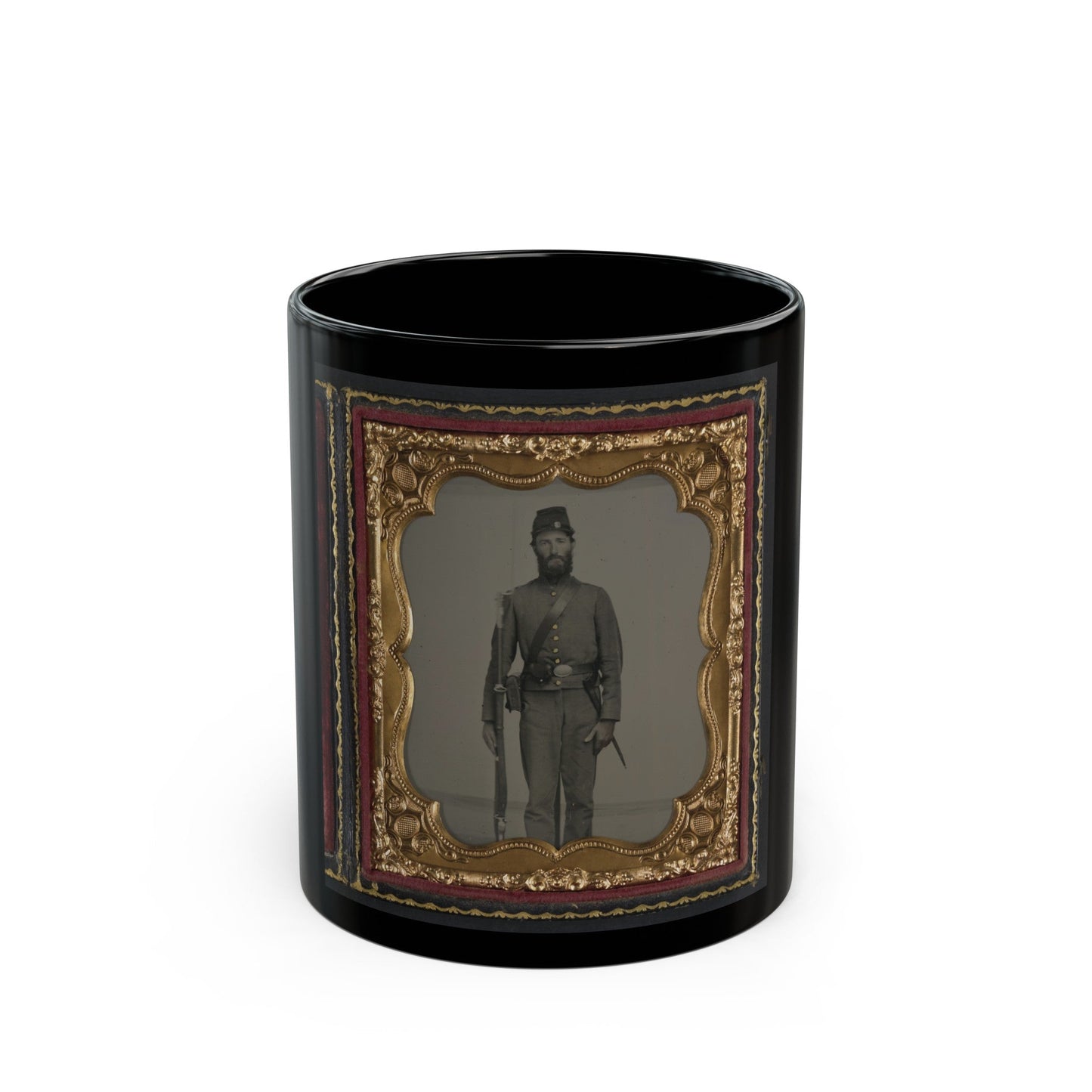 Unidentified Soldier In Union Uniform And Ohio Volunteer Militia Belt Buckle With Bayoneted Musket (U.S. Civil War) Black Coffee Mug-11oz-The Sticker Space