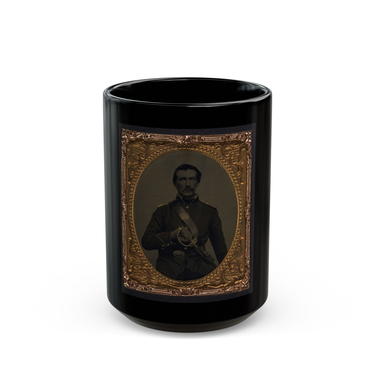 Unidentified Soldier In Union Uniform And Shoulder Scales With Model 1860 Field And Staff Officer's Sword (U.S. Civil War) Black Coffee Mug-15oz-The Sticker Space