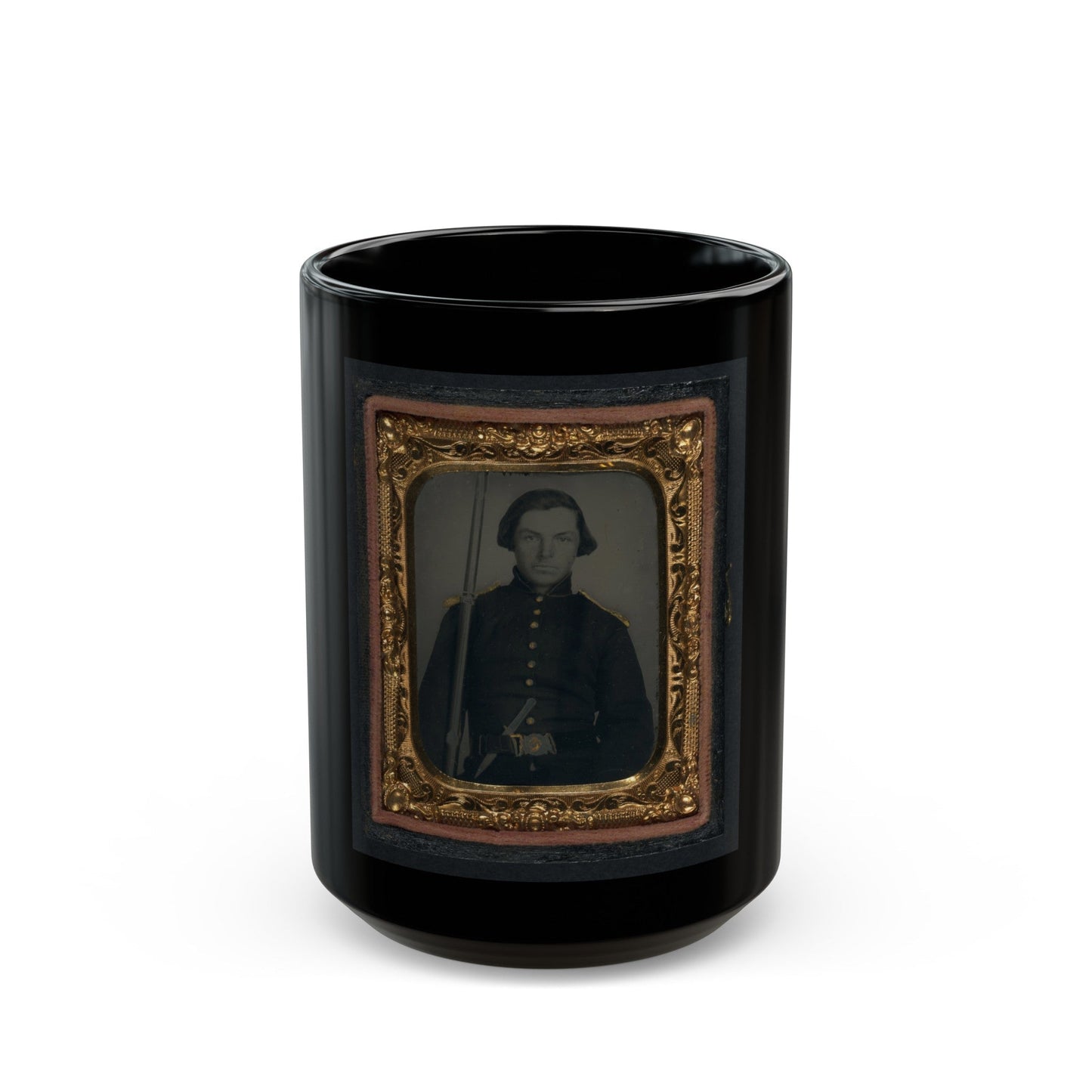 Unidentified Soldier In Union Uniform And Shoulder Scales With Musket And Knife (U.S. Civil War) Black Coffee Mug-15oz-The Sticker Space