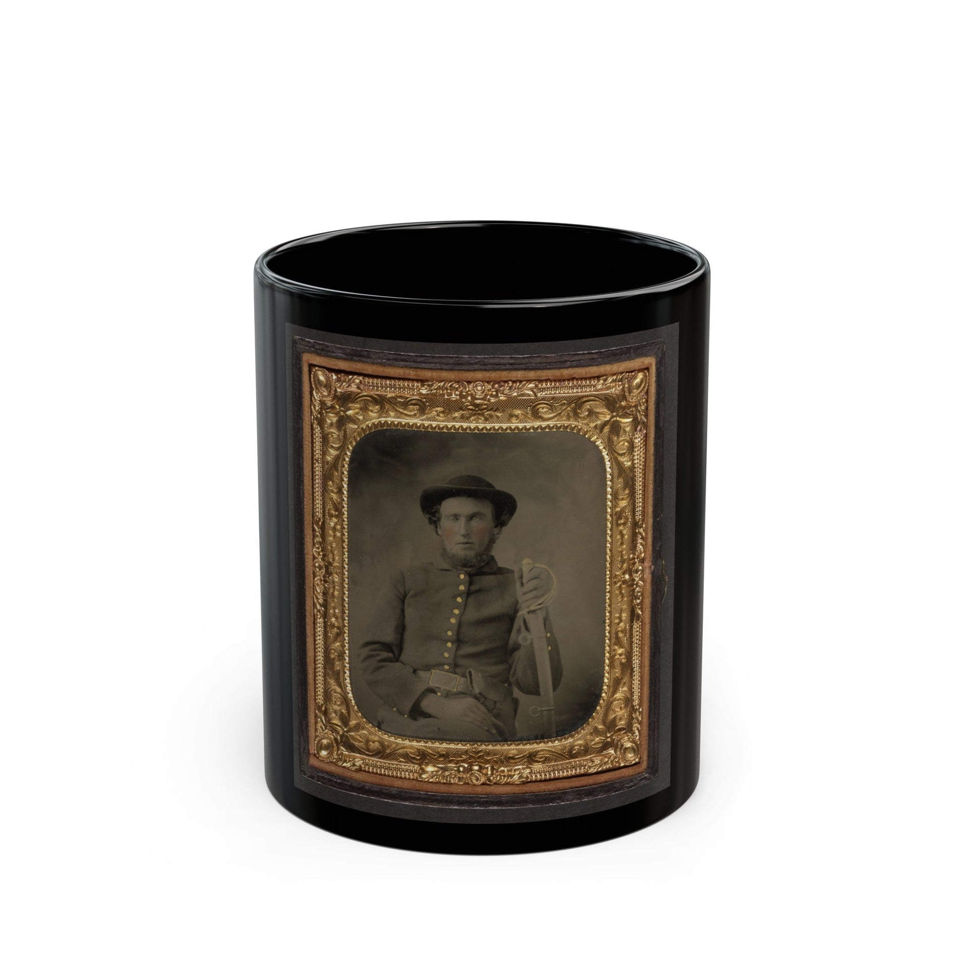 Unidentified Soldier In Union Uniform And Slouch Cap Sitting With Holstered Revolver And Cavalry Saber (U.S. Civil War) Black Coffee Mug-11oz-The Sticker Space