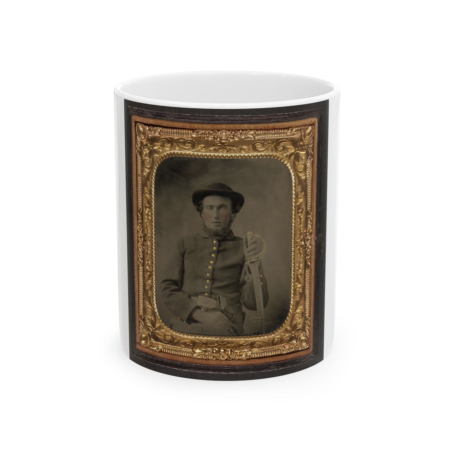 Unidentified Soldier In Union Uniform And Slouch Cap Sitting With Holstered Revolver And Cavalry Saber (U.S. Civil War) White Coffee Mug-11oz-The Sticker Space